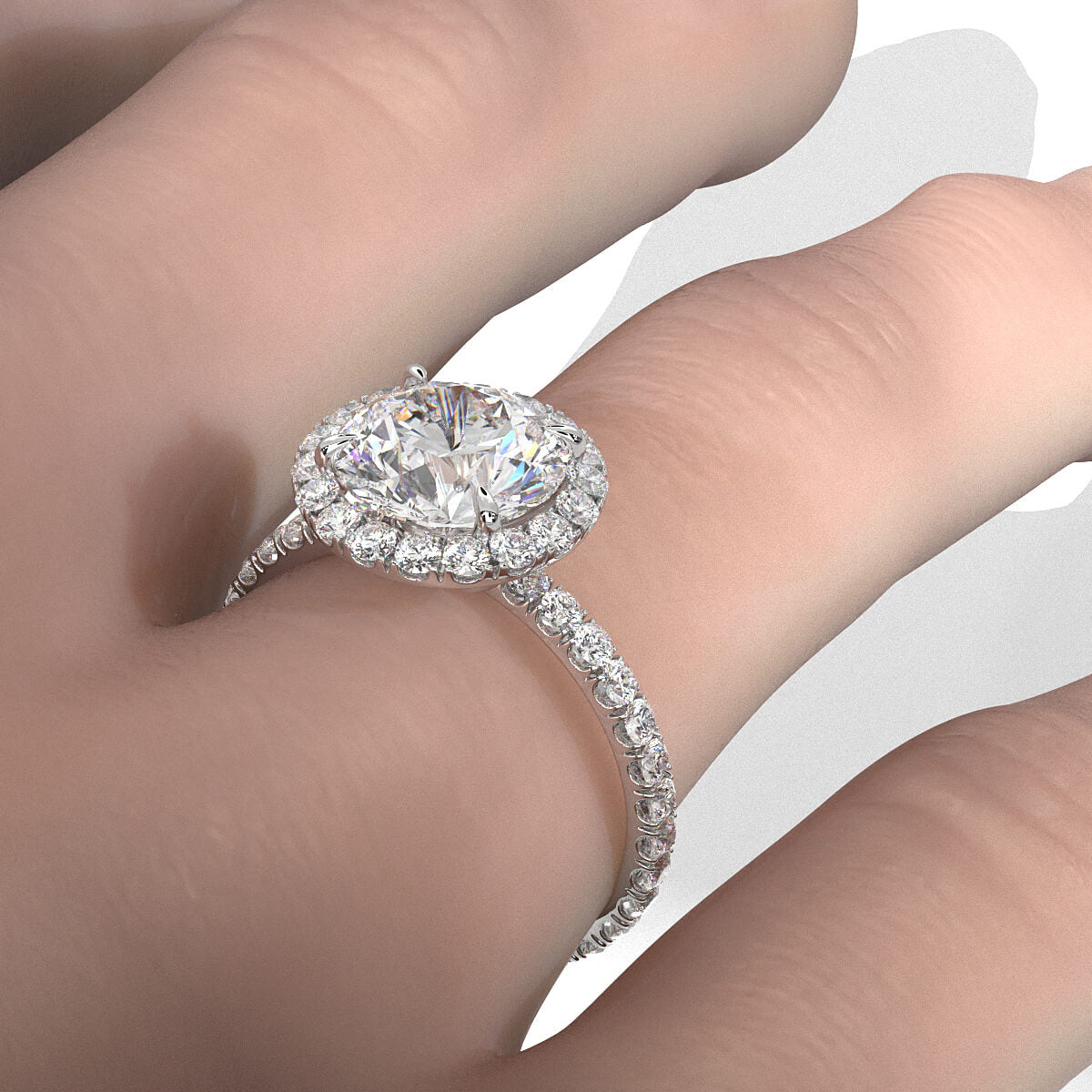 French U Cut Pave Set Round Halo Lab Grown Diamond Engagement Ring