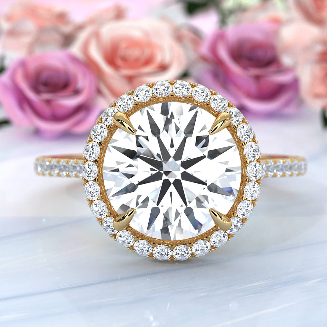 French U Cut Pave Set Round Halo Lab Grown Diamond Engagement Ring