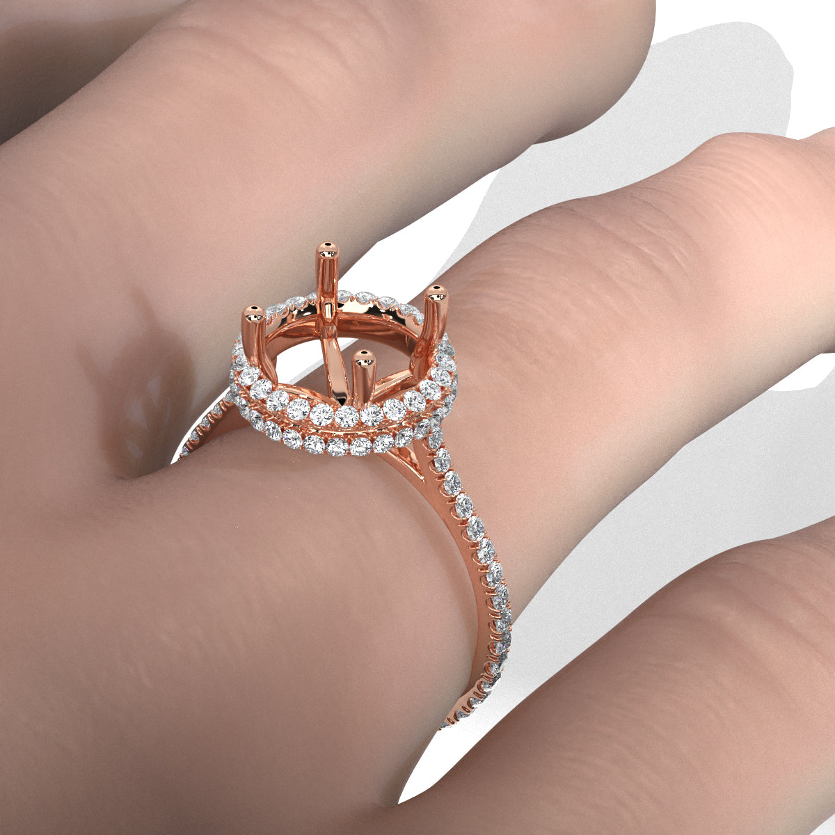 French Pave Set Halo Semi Mount Lab Grown Diamond Engagement Ring 0.59Ct.