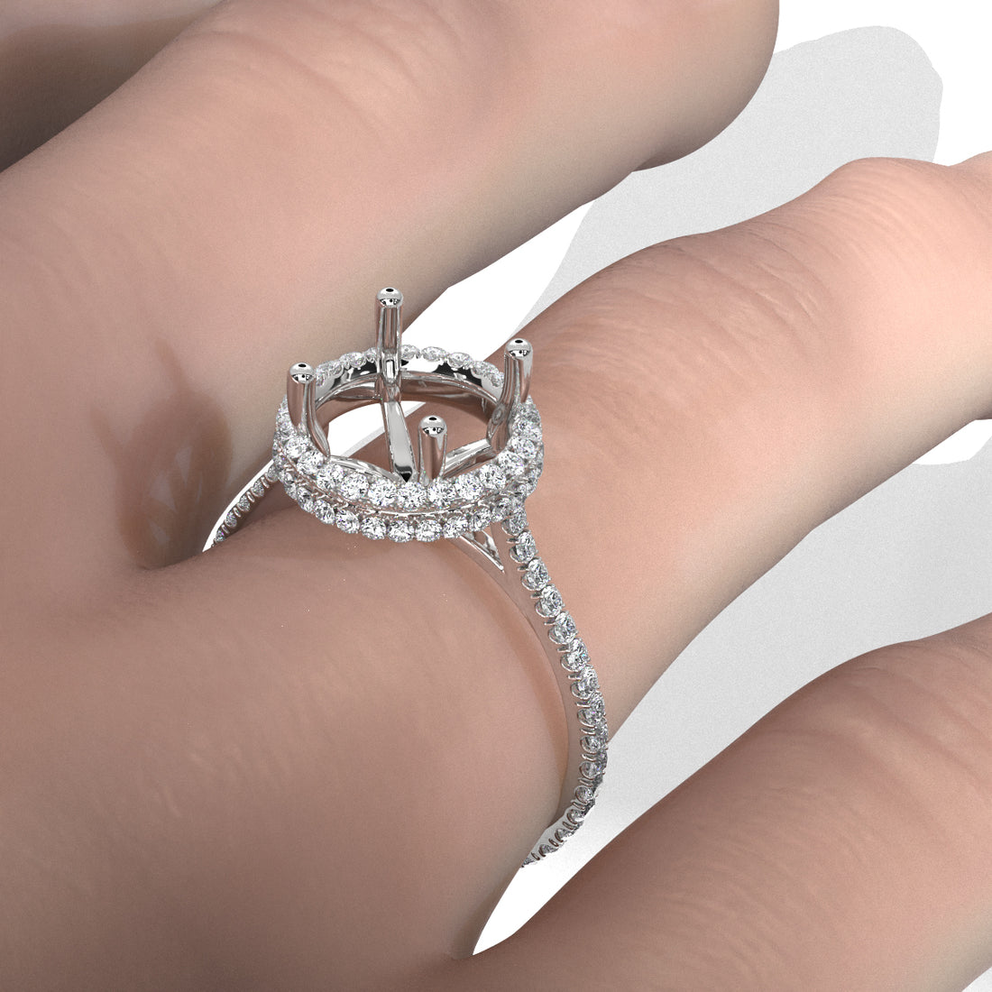 French Pave Set Halo Semi Mount Lab Grown Diamond Engagement Ring 0.59Ct.