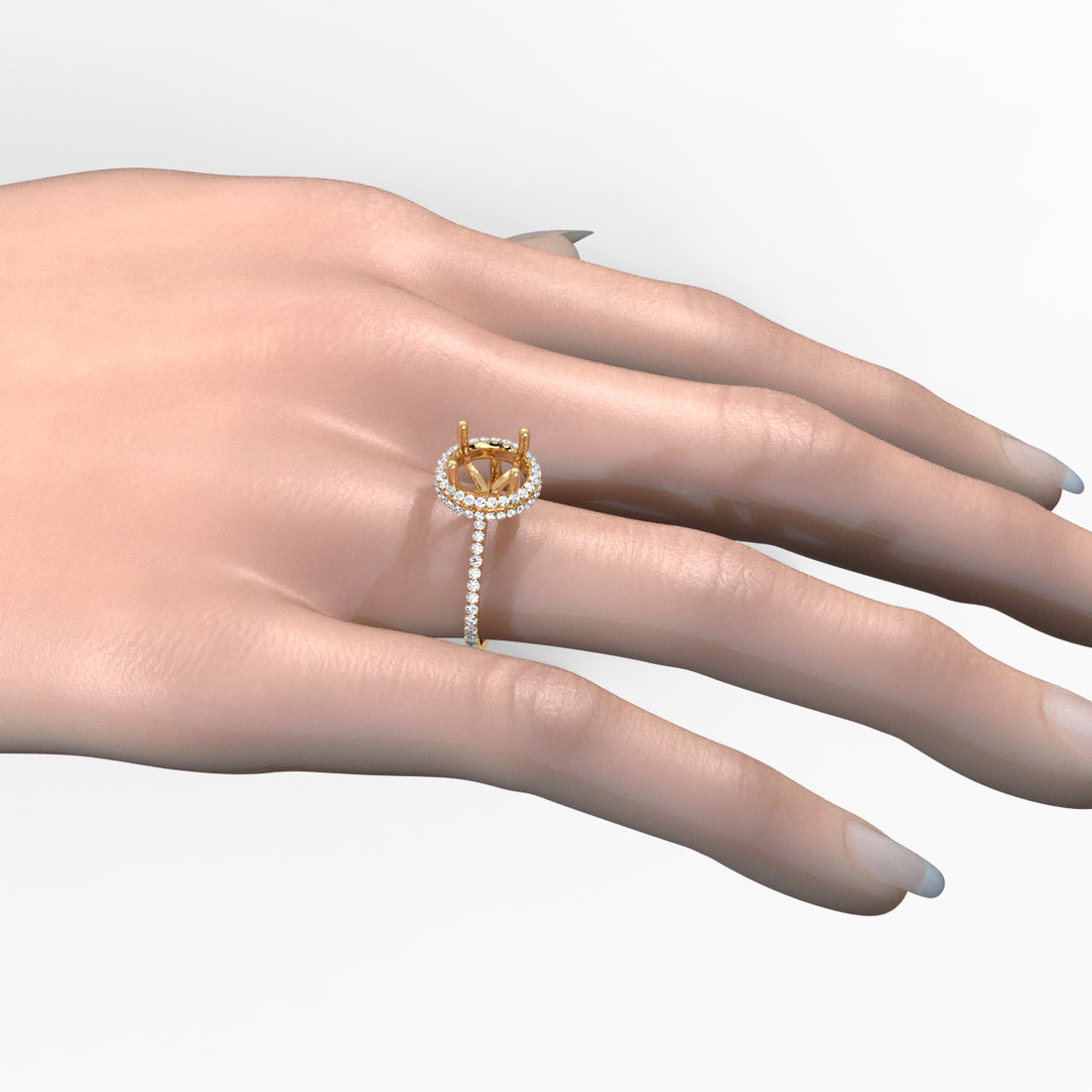 French Pave Set Halo Semi Mount Lab Grown Diamond Engagement Ring 0.59Ct.