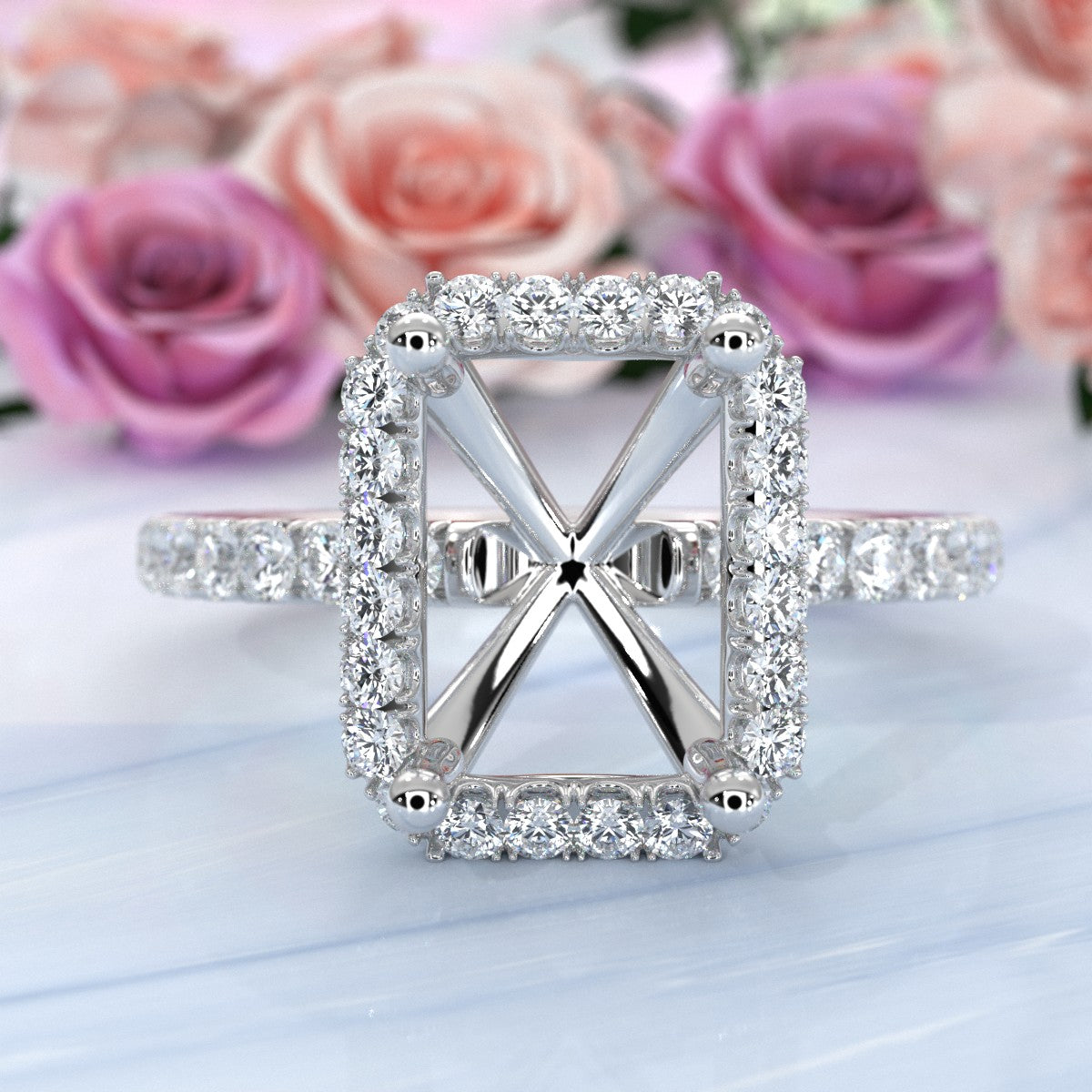 French Pave Set Halo Semi Mount Lab Grown Diamond Engagement Ring 0.59Ct.