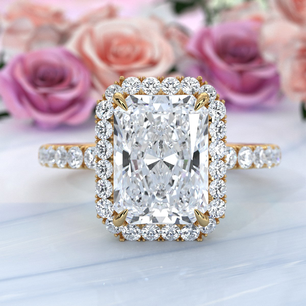 French Pave Set Halo Lab Grown Diamond Engagement Ring 2.59 Ctw.