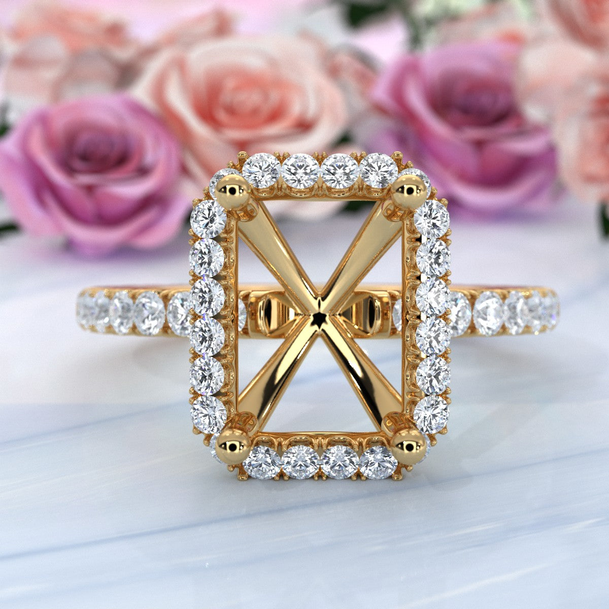 French Pave Set Halo Semi Mount Lab Grown Diamond Engagement Ring 0.59Ct.