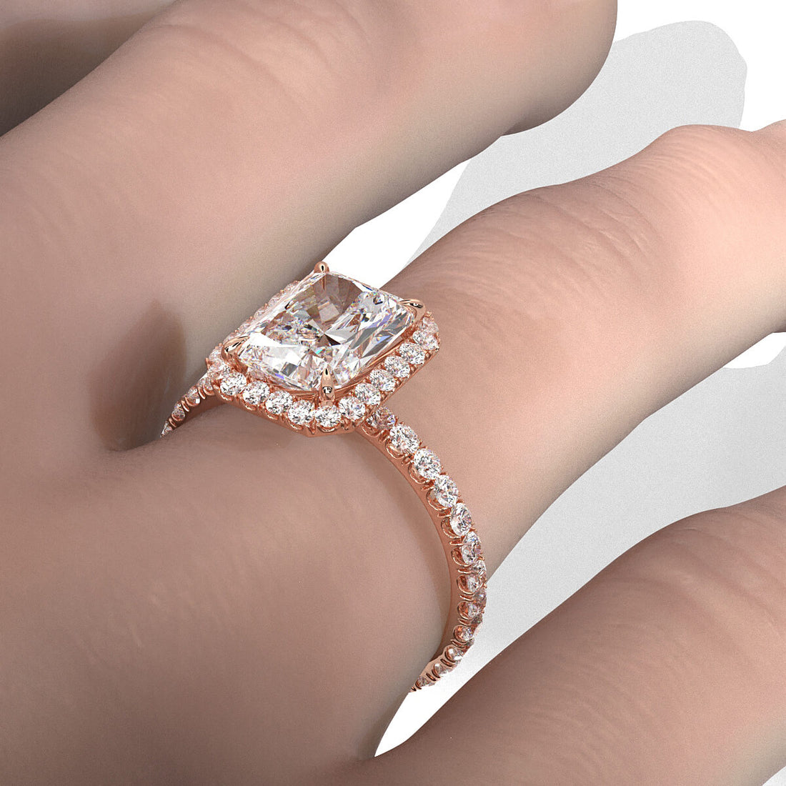 French U Cut Pave Set Radiant Halo Lab Grown Diamond Engagement Ring