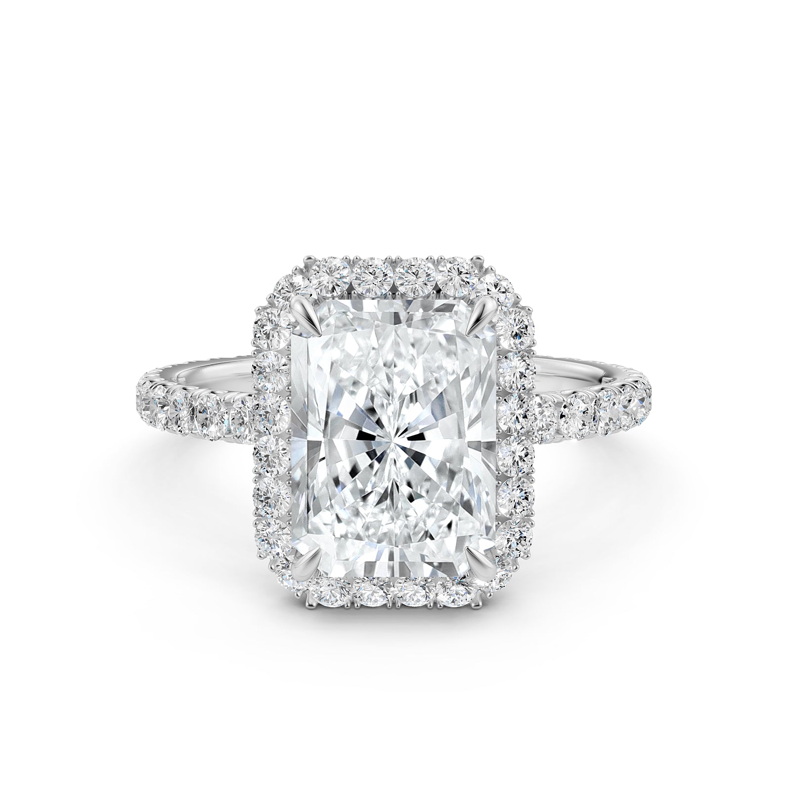 French U Cut Pave Set Radiant Halo Lab Grown Diamond Engagement Ring
