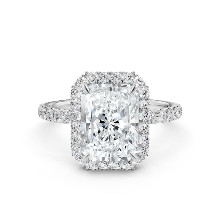 French U Cut Pave Set Radiant Halo Lab Grown Diamond Engagement Ring
