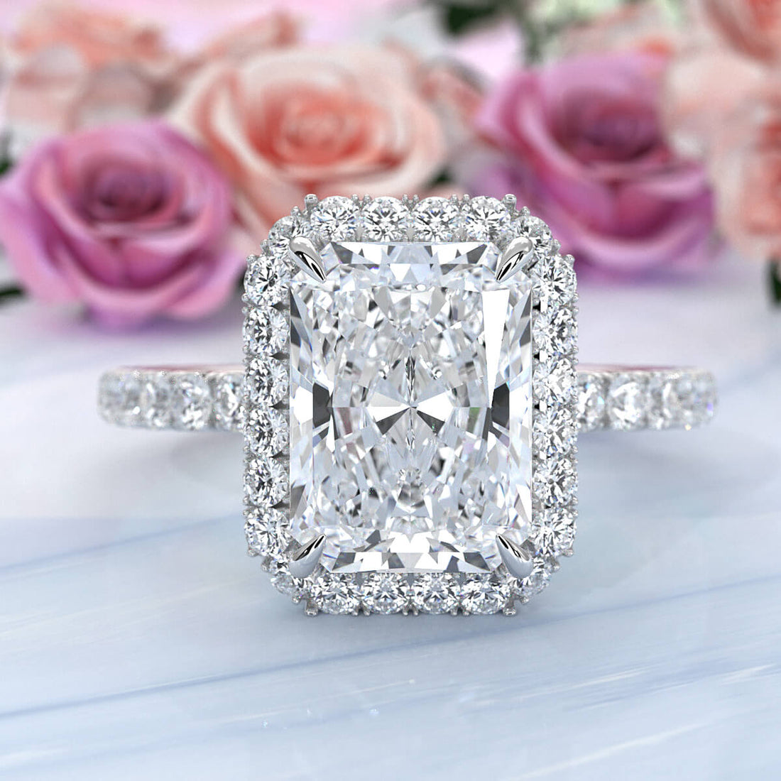 French U Cut Pave Set Radiant Halo Lab Grown Diamond Engagement Ring