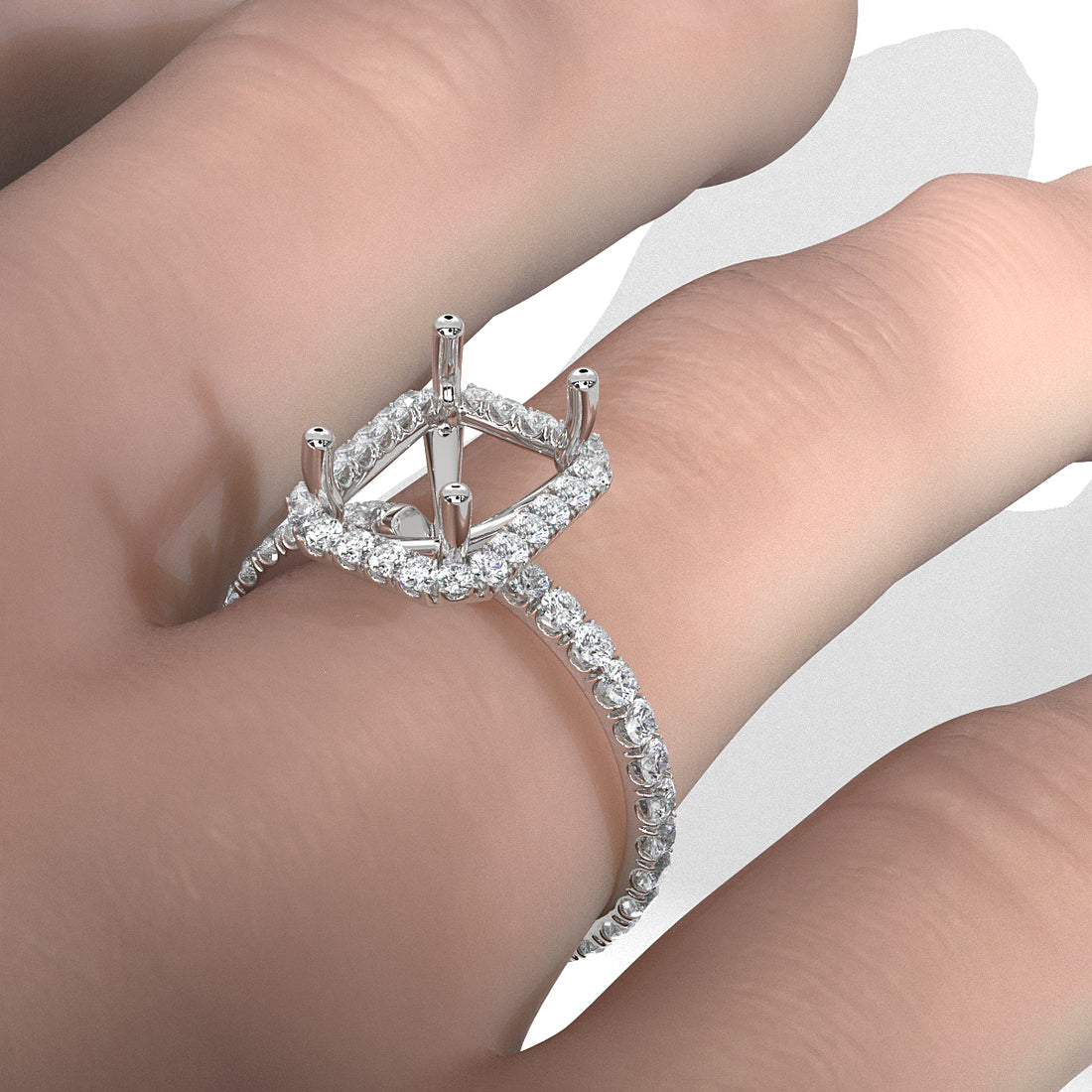 French Pave Set Halo Semi Mount Lab Grown Diamond Engagement Ring 0.59Ct.