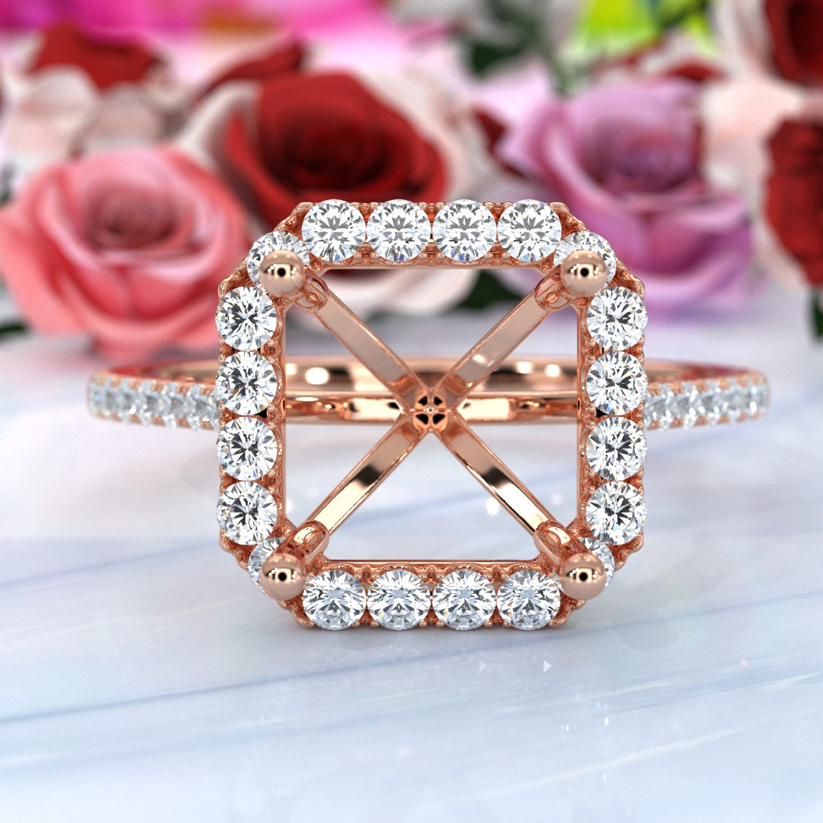 French U Pave Set Halo Semi Mount Lab Grown Diamond Engagement Ring 0.54 Ct.