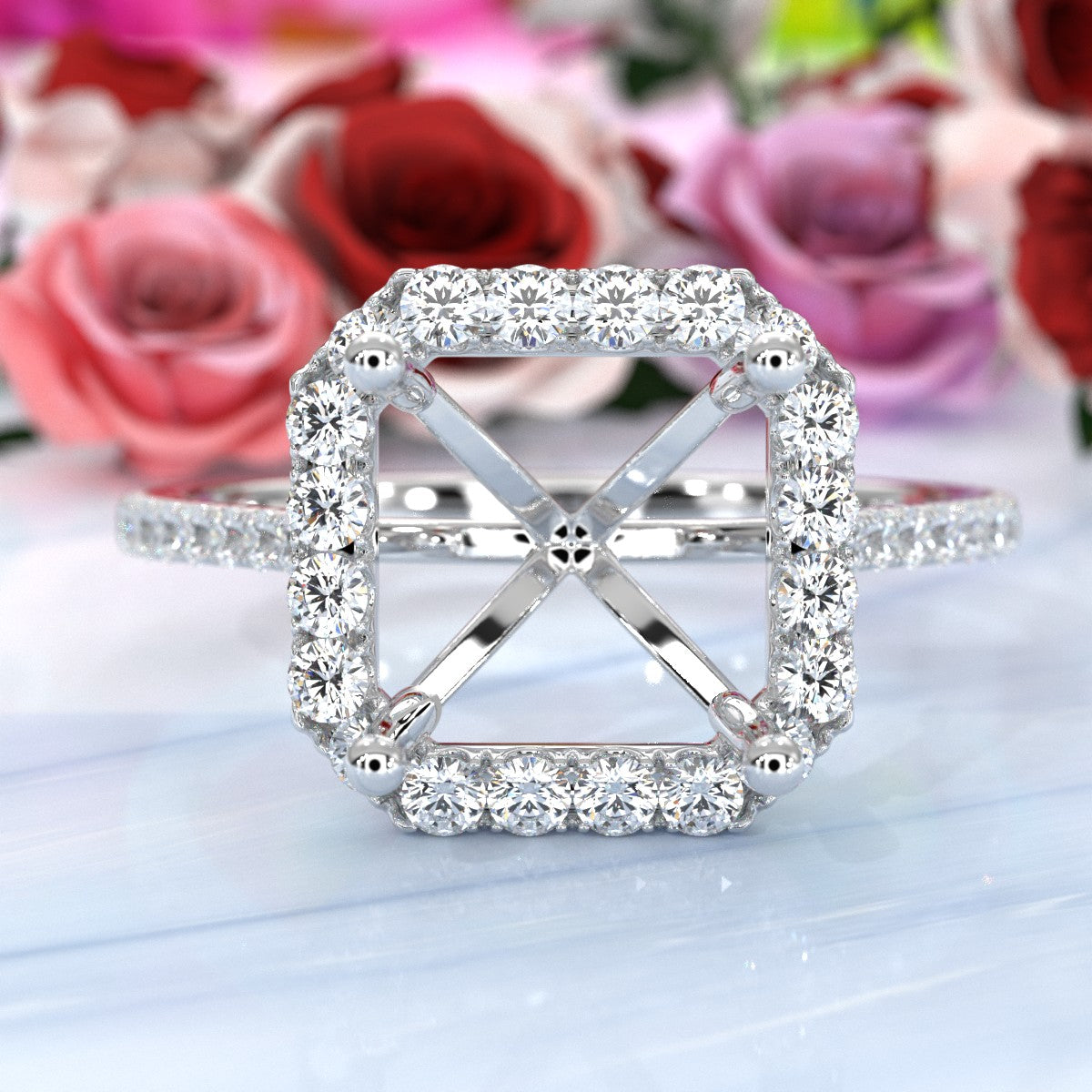 French U Pave Set Halo Semi Mount Lab Grown Diamond Engagement Ring 0.54 Ct.