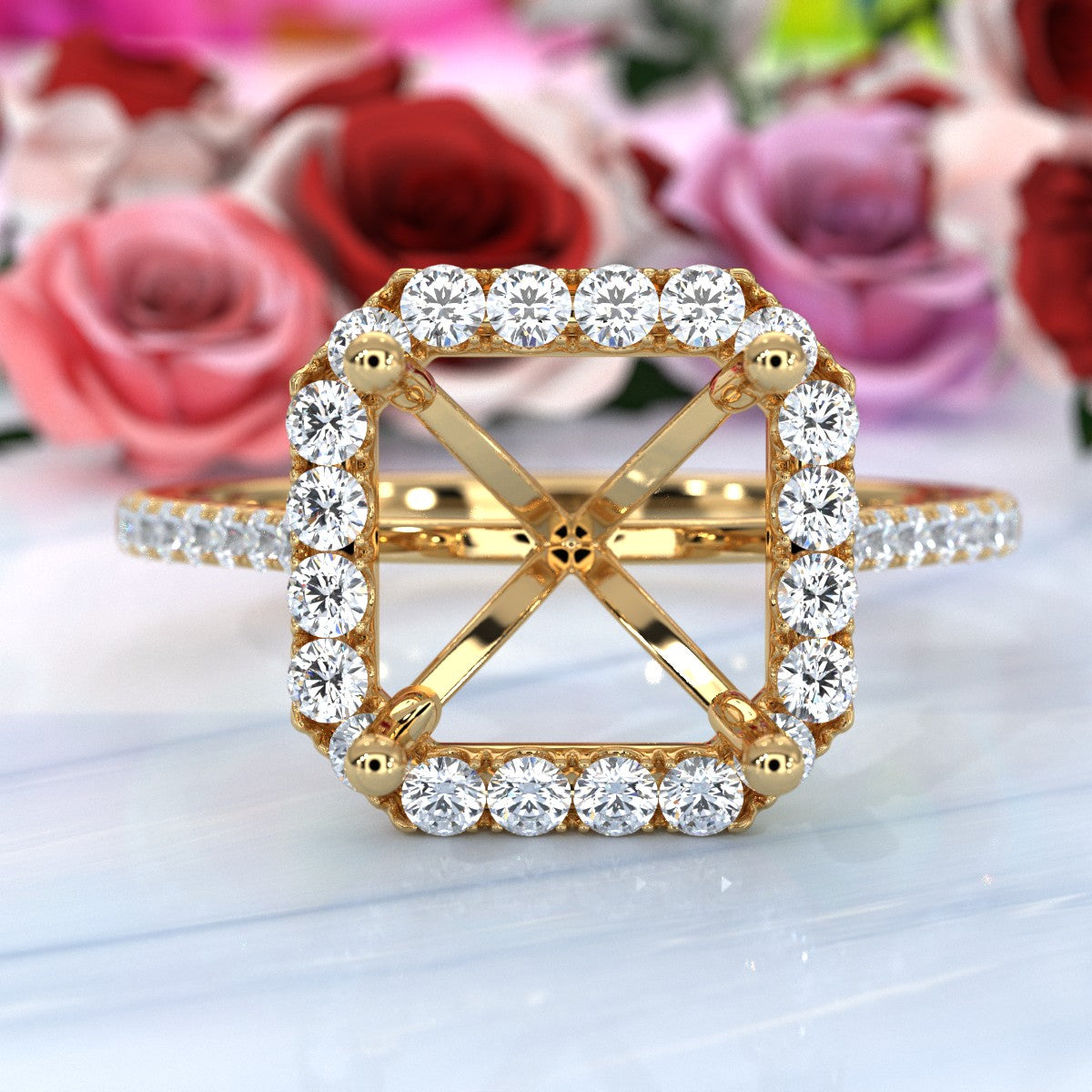 French U Pave Set Halo Semi Mount Lab Grown Diamond Engagement Ring 0.54 Ct.