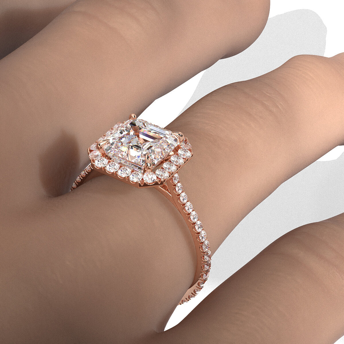 French U Pave Set Halo Lab Grown Diamond Asscher Engagement Ring