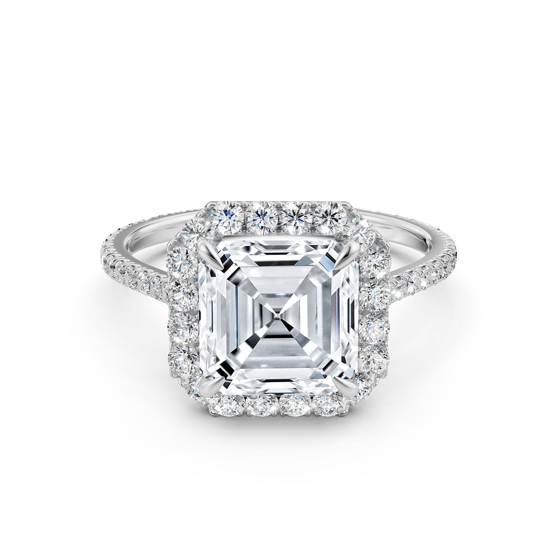 French U Pave Set Halo Lab Grown Diamond Asscher Engagement Ring