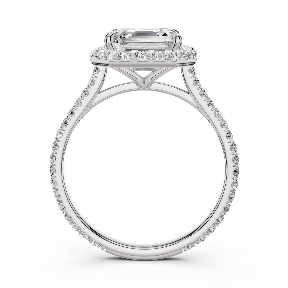 French U Pave Set Halo Lab Grown Diamond Asscher Engagement Ring