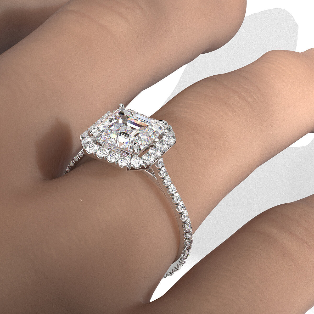 French U Pave Set Halo Lab Grown Diamond Asscher Engagement Ring