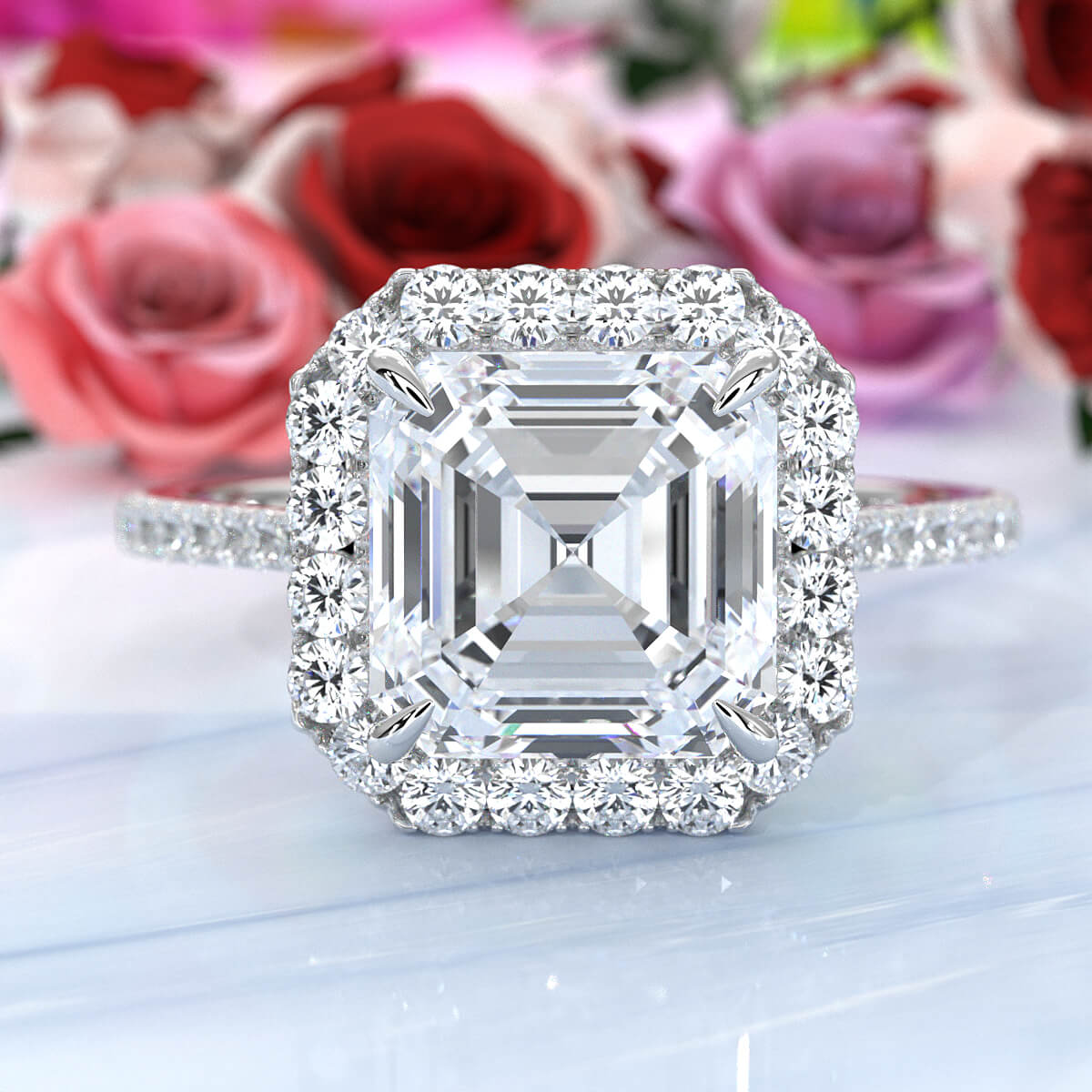 French U Pave Set Halo Lab Grown Diamond Asscher Engagement Ring