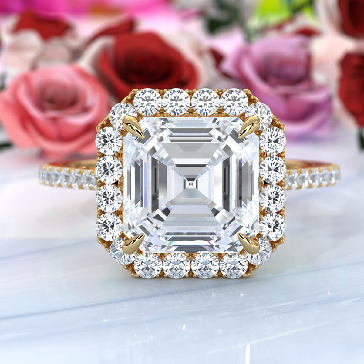 French U Pave Set Halo Lab Grown Diamond Asscher Engagement Ring