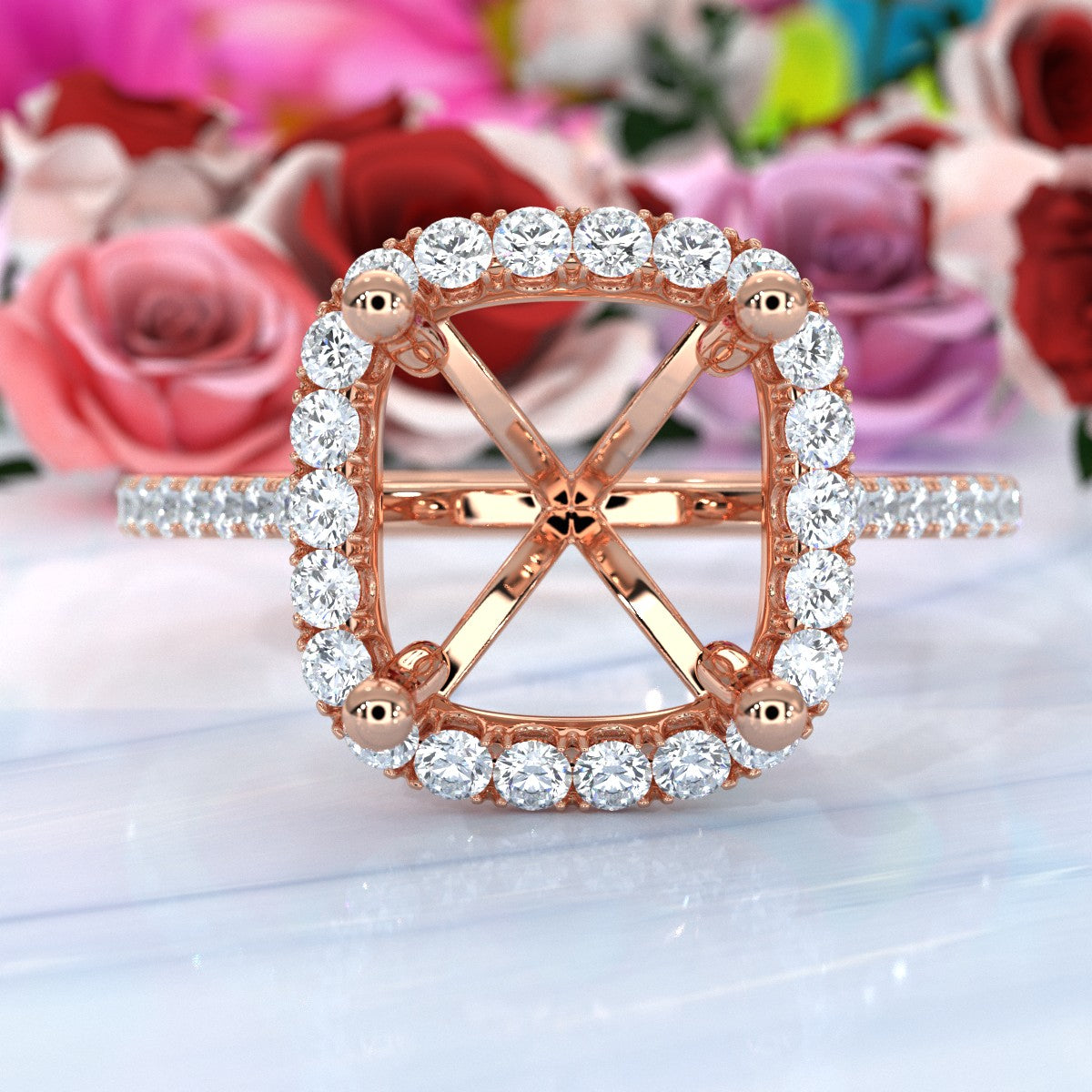 French U Pave Set Halo Semi Mount Lab Grown Diamond Engagement Ring 0.54 Ct.