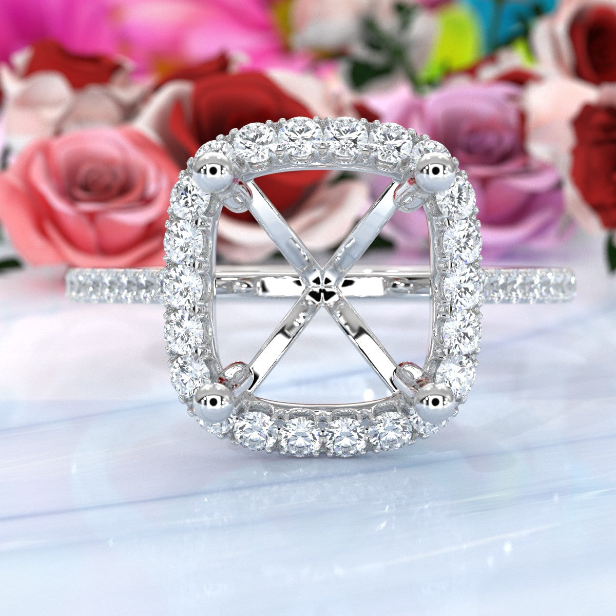 French U Pave Set Halo Semi Mount Lab Grown Diamond Engagement Ring 0.54 Ct.