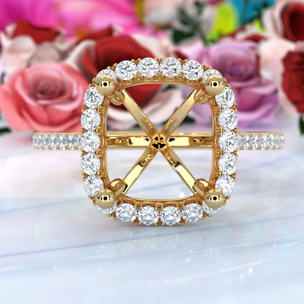 French U Pave Set Halo Semi Mount Lab Grown Diamond Engagement Ring 0.54 Ct.