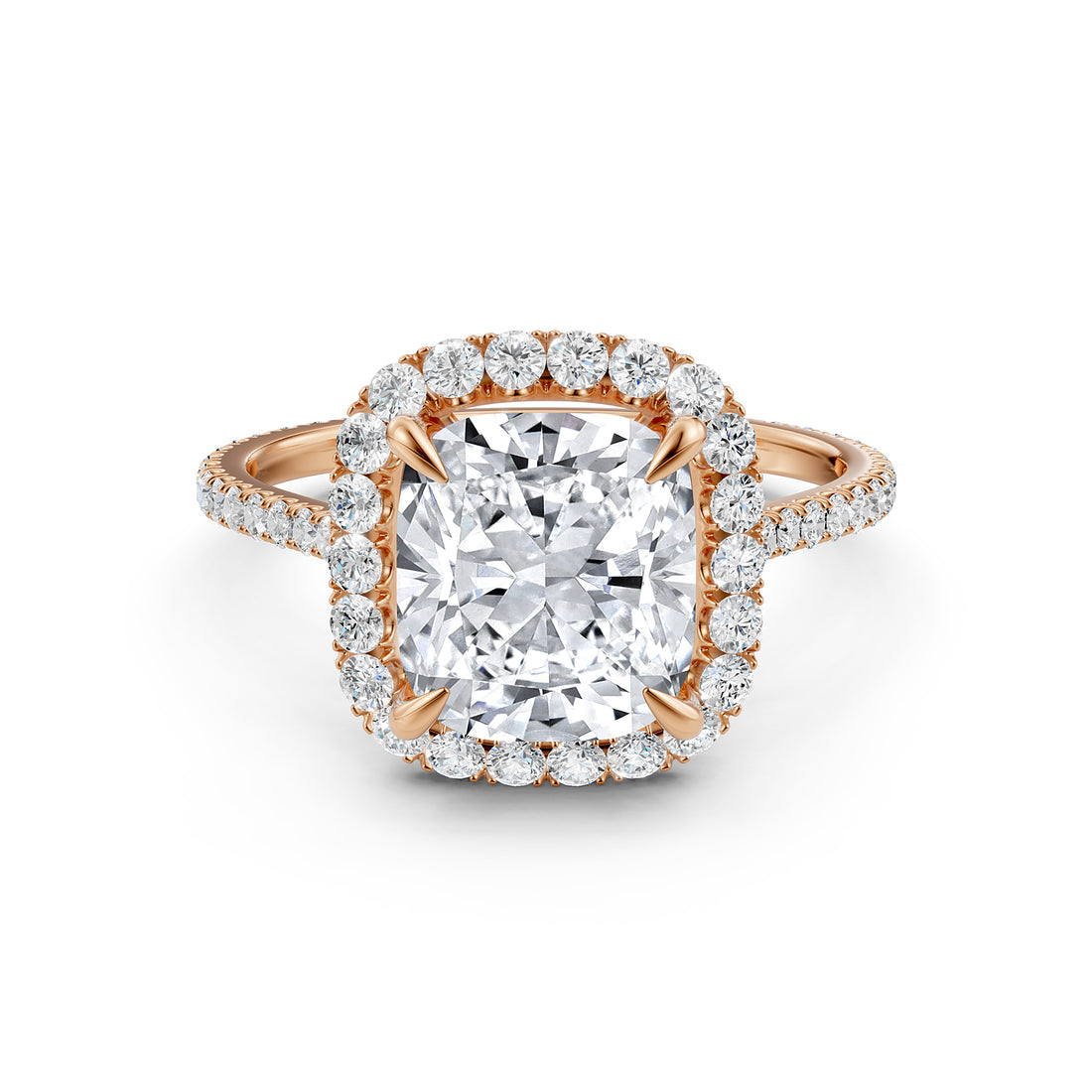 French U Pave Set Halo Lab Grown Diamond Cushion Engagement Ring