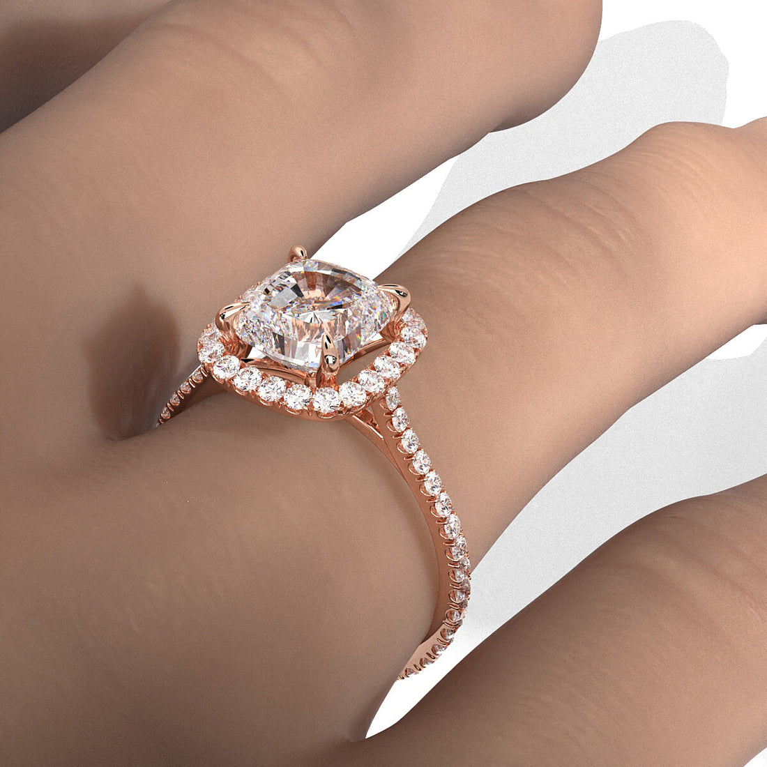 French U Pave Set Halo Lab Grown Diamond Cushion Engagement Ring