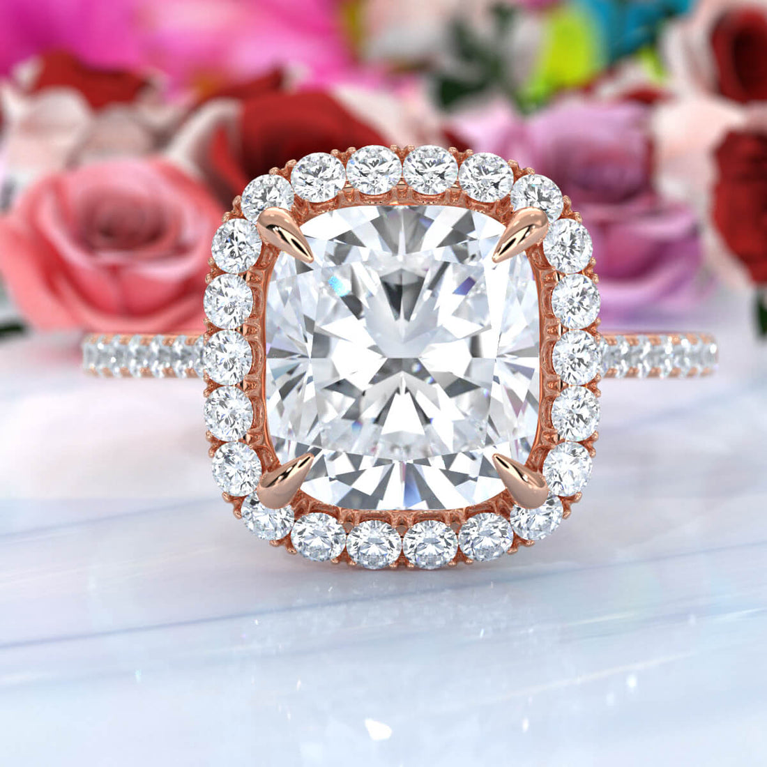 French U Pave Set Halo Lab Grown Diamond Cushion Engagement Ring