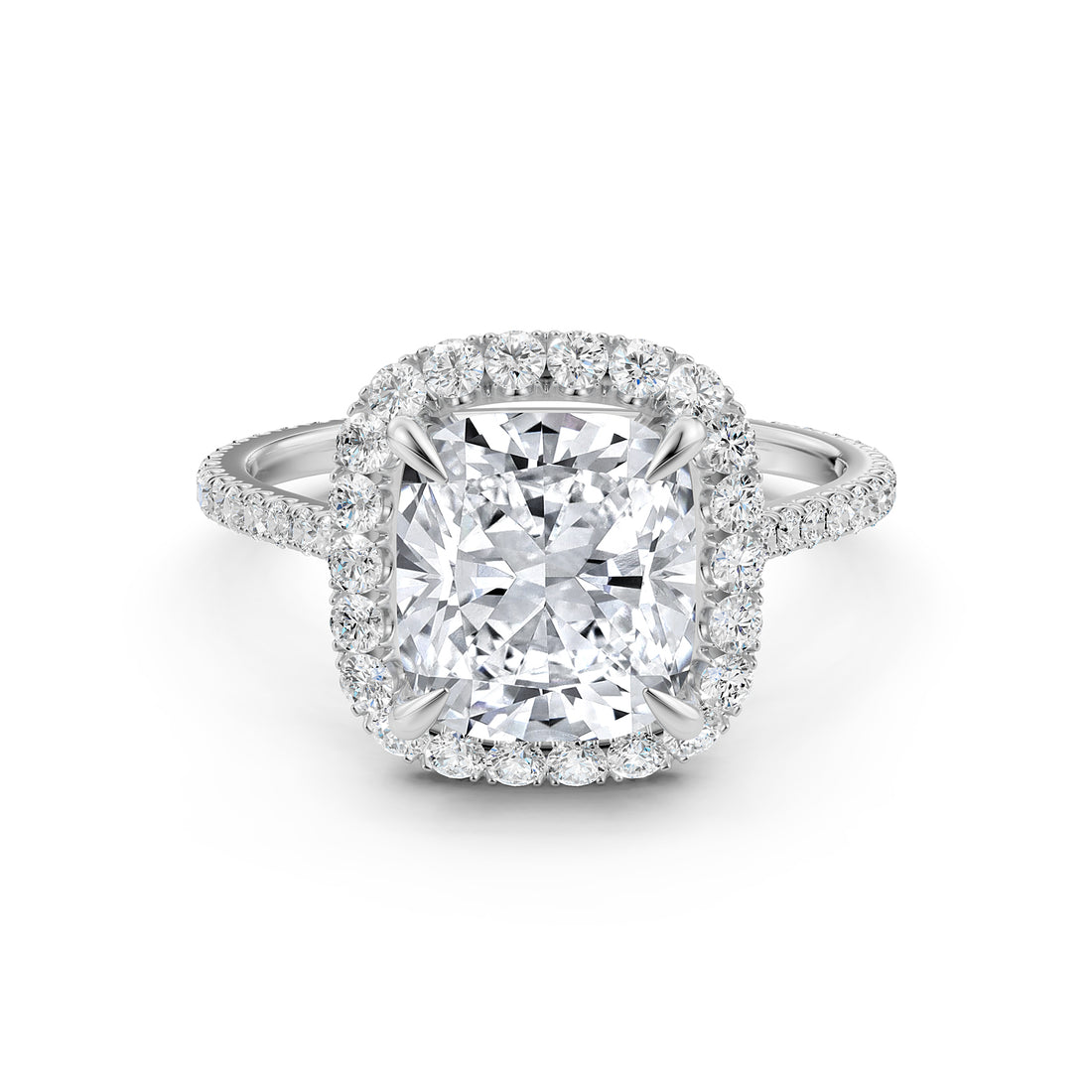 French U Pave Set Halo Lab Grown Diamond Cushion Engagement Ring