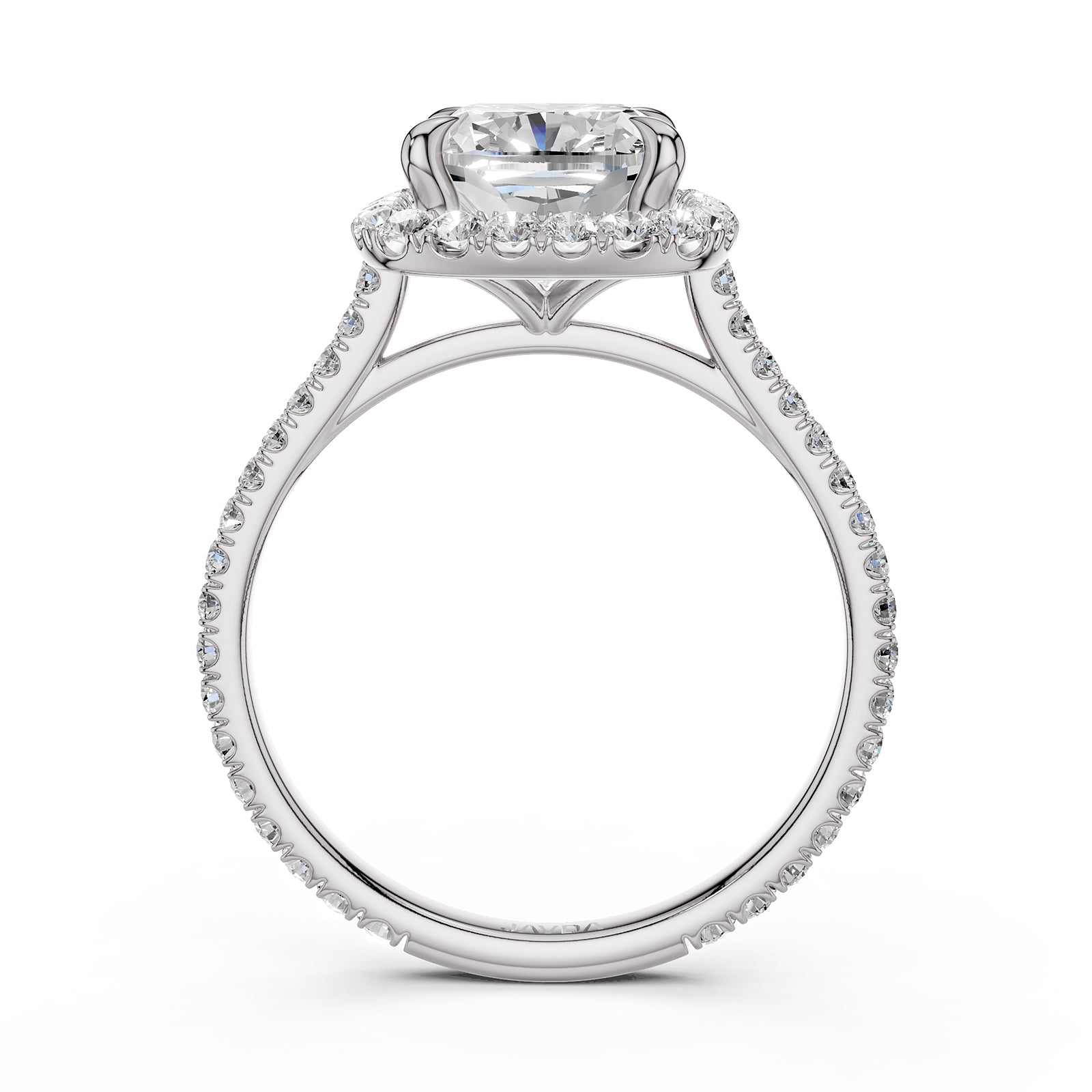 French U Pave Set Halo Lab Grown Diamond Cushion Engagement Ring