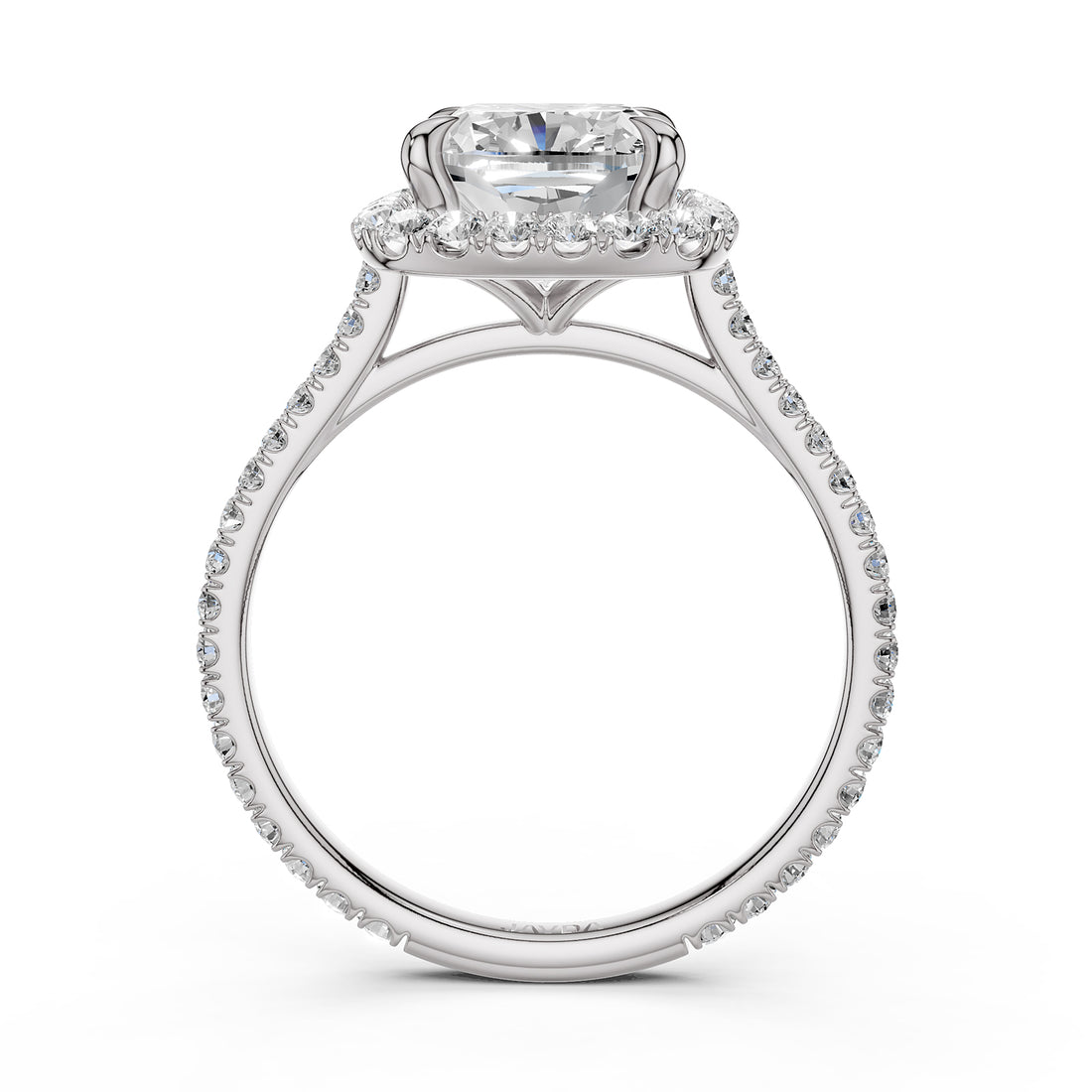 French U Pave Set Halo Lab Grown Diamond Cushion Engagement Ring