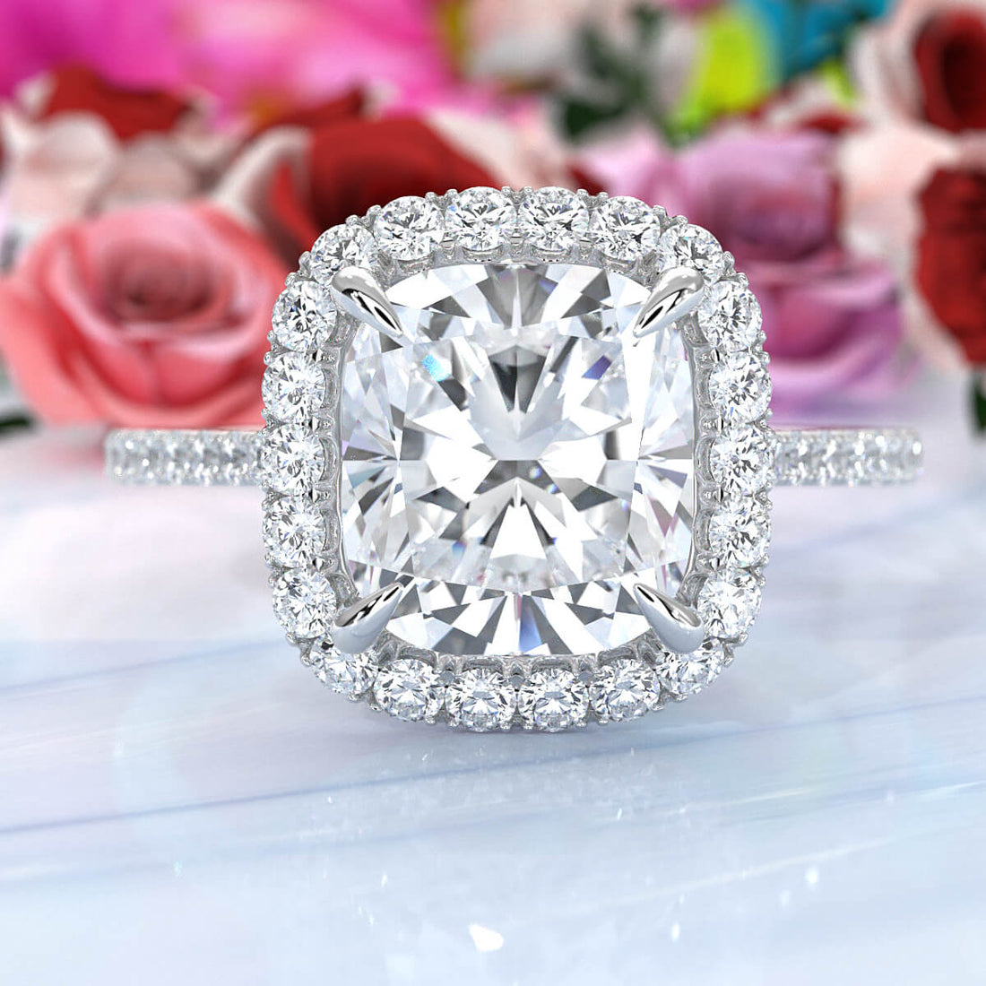 French U Pave Set Halo Lab Grown Diamond Cushion Engagement Ring