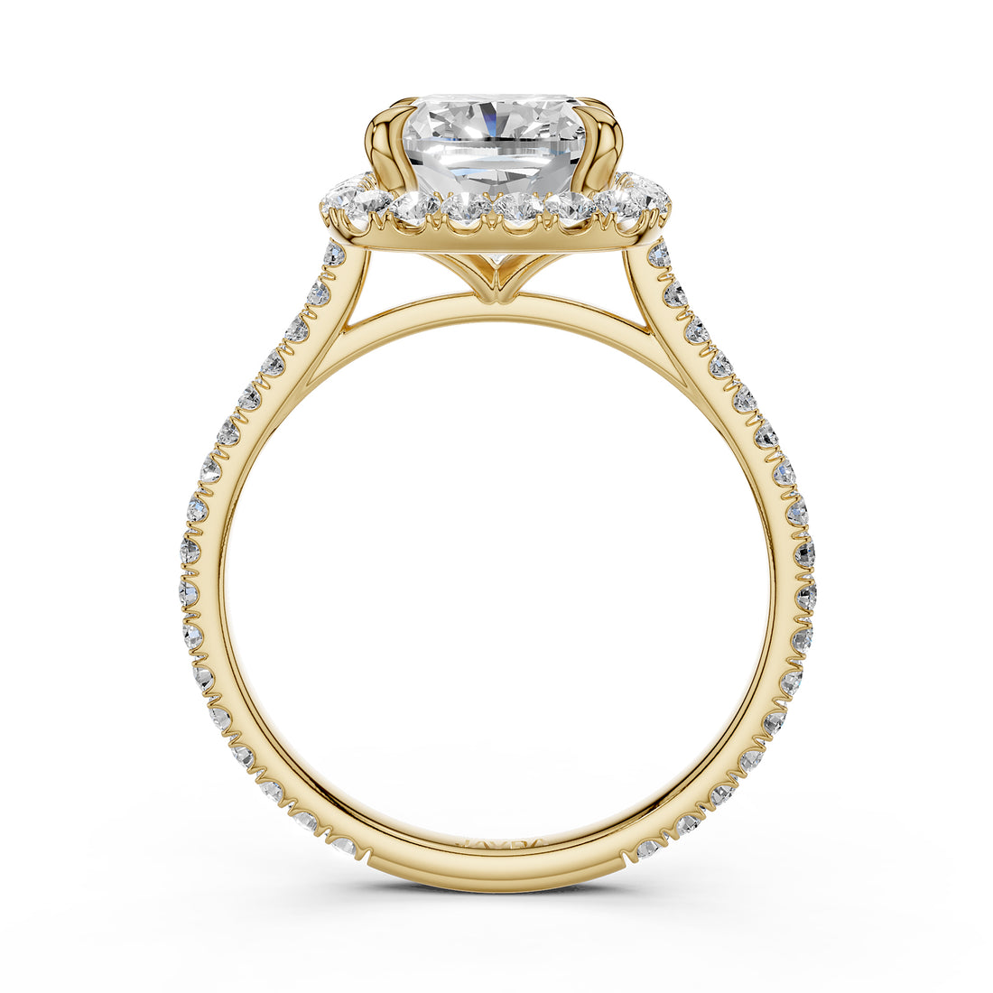 French U Pave Set Halo Lab Grown Diamond Cushion Engagement Ring