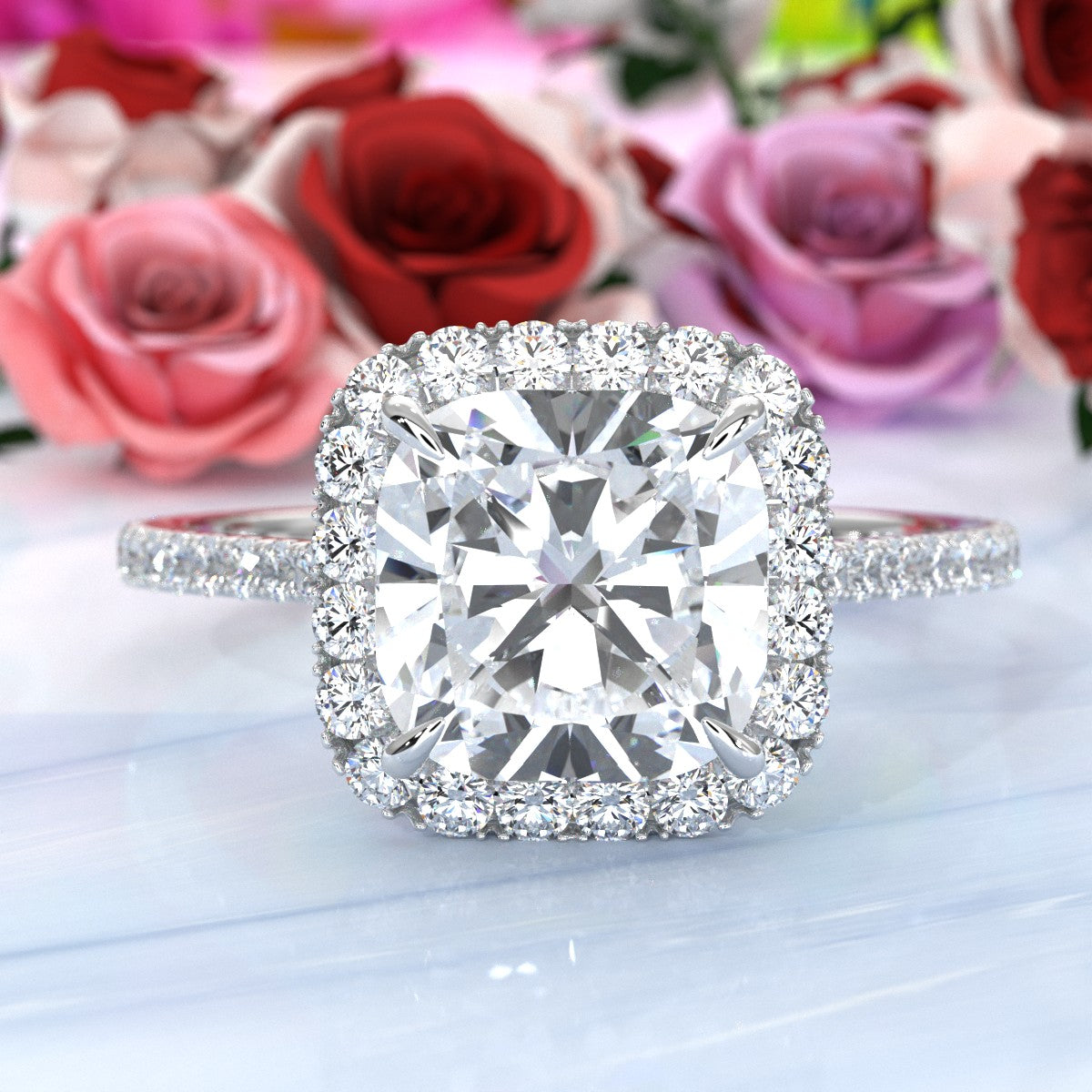French U Pave Halo 2.54 Ctw. Round IGI Certified Diamond Engagement Ring