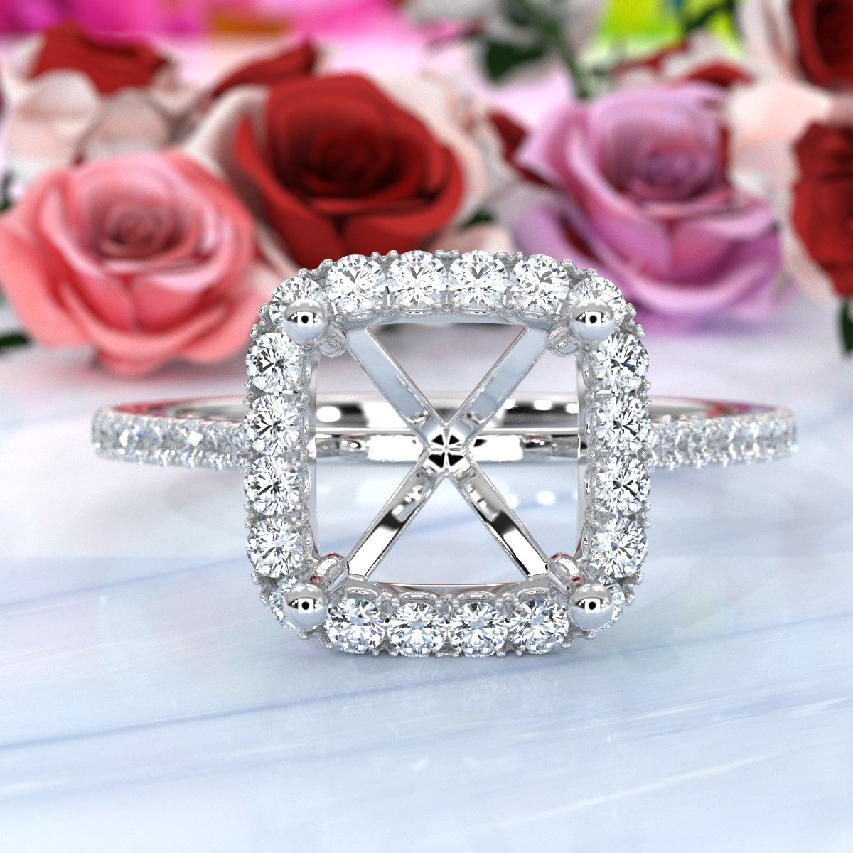 French U Pave Set Halo Semi Mount Lab Grown Diamond Engagement Ring 0.54 Ct.