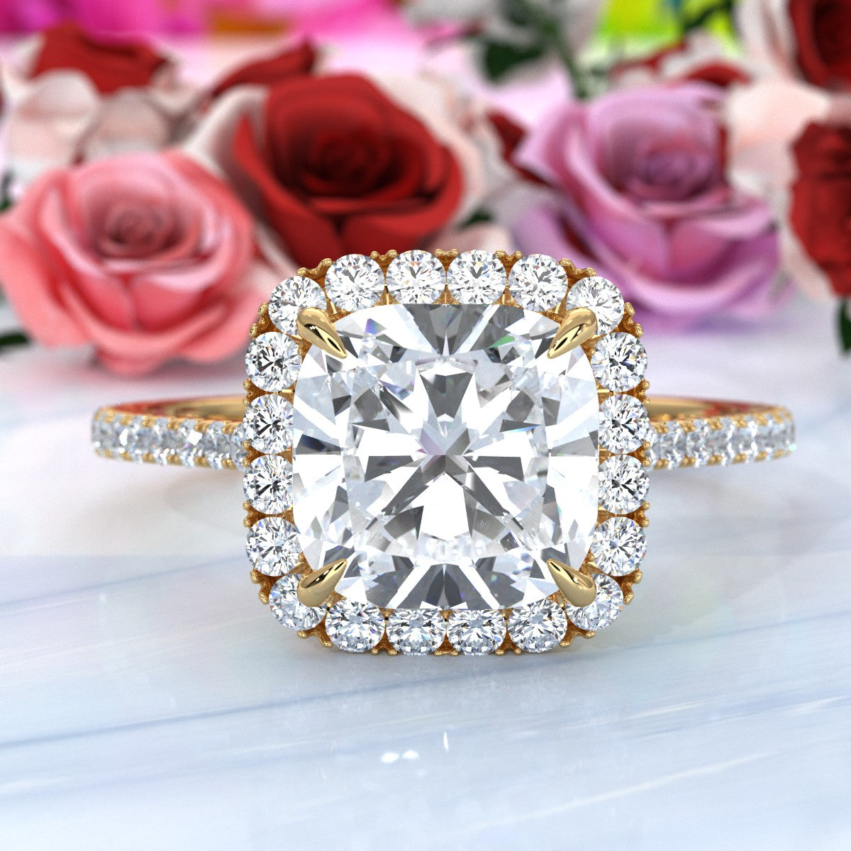 French U Pave Halo 2.54 Ctw. Round IGI Certified Diamond Engagement Ring