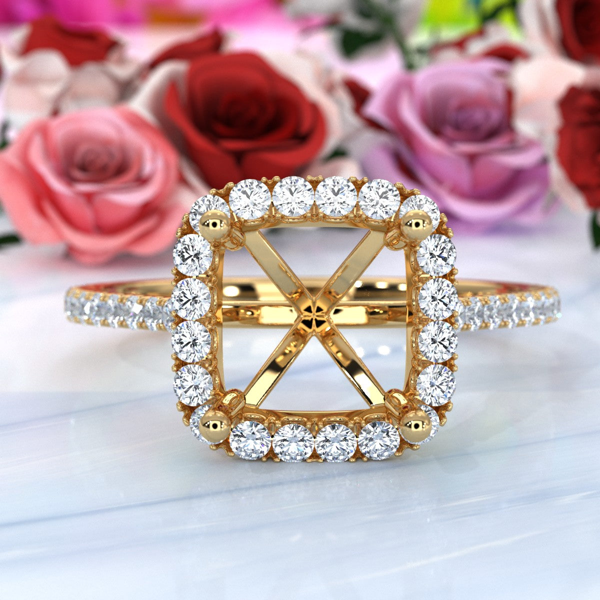 French U Pave Set Halo Semi Mount Lab Grown Diamond Engagement Ring 0.54 Ct.