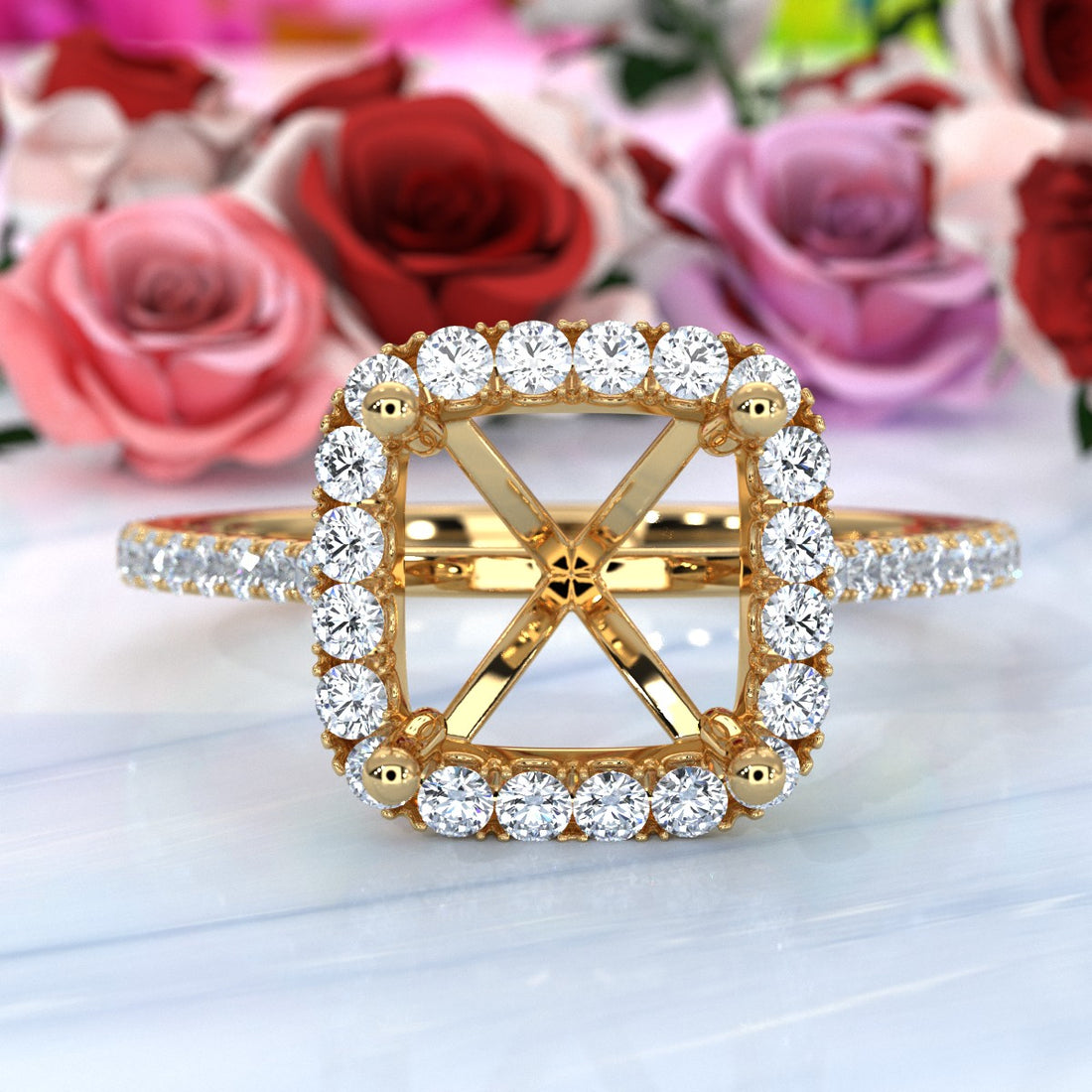 French U Pave Set Halo Semi Mount Lab Grown Diamond Engagement Ring 0.54 Ct.