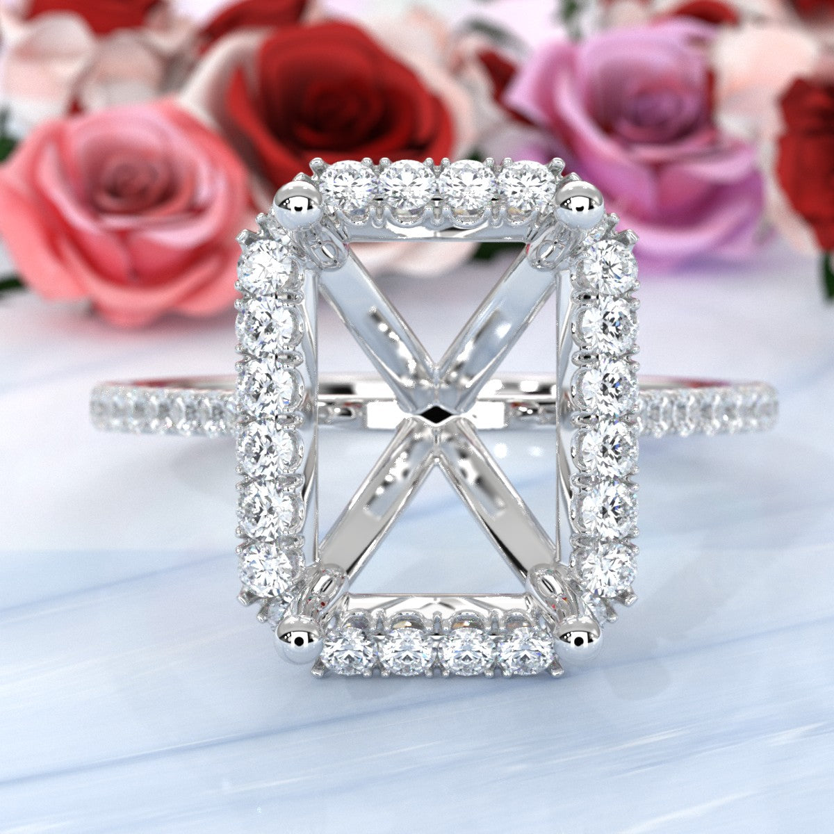 French U Pave Set Halo Semi Mount Lab Grown Diamond Engagement Ring 0.54 Ct.