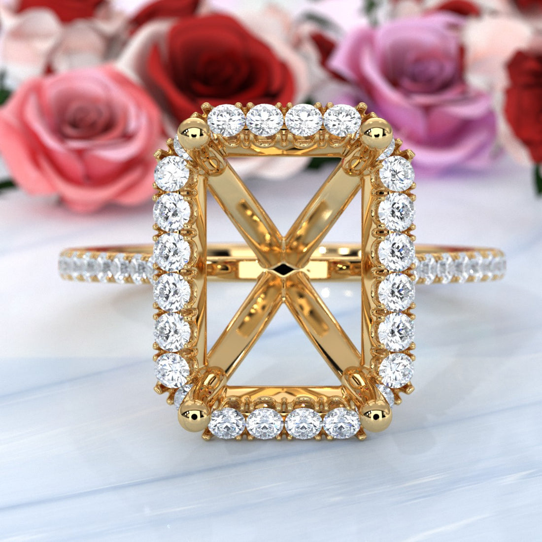 French U Pave Set Halo Semi Mount Lab Grown Diamond Engagement Ring 0.54 Ct.