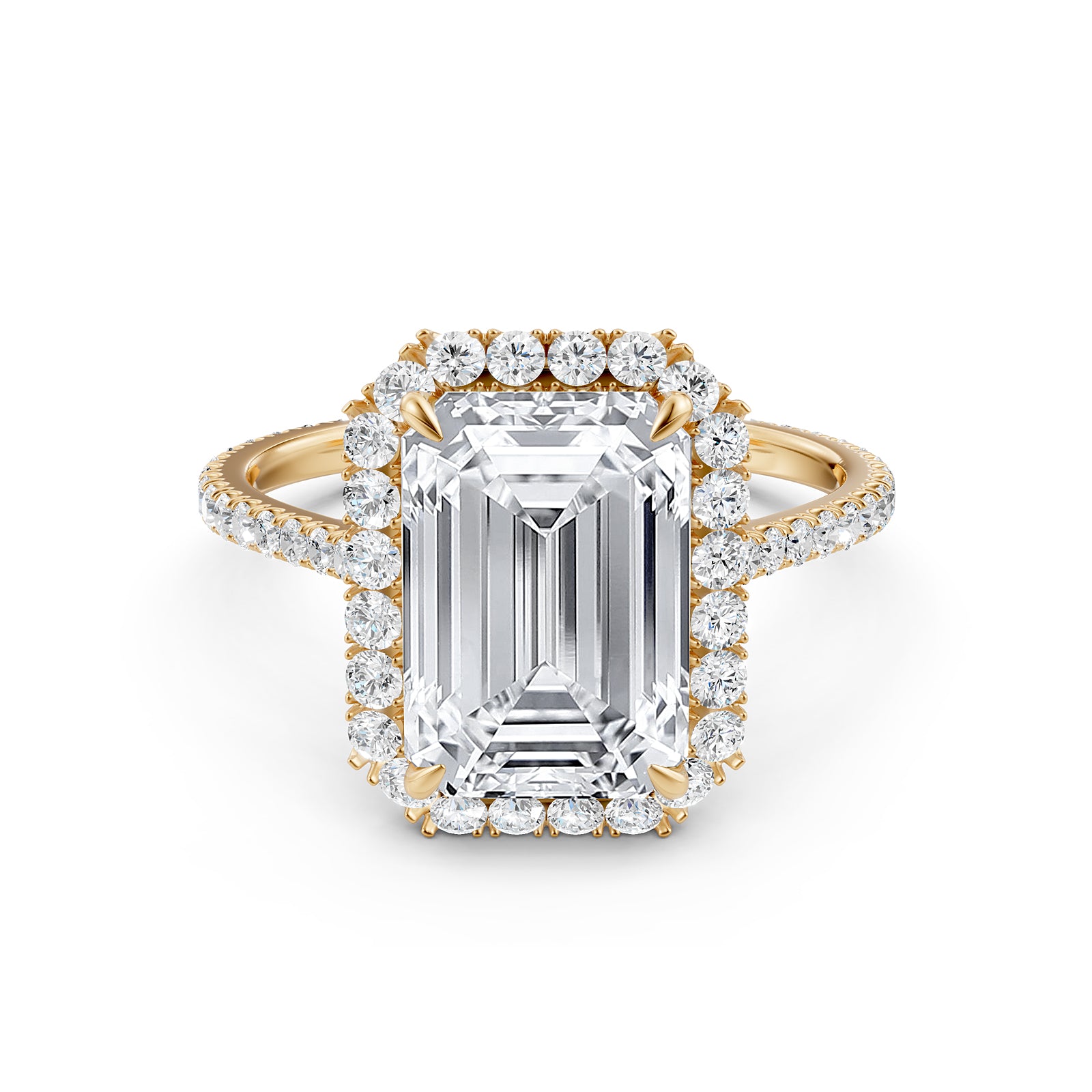 French U Pave Set Halo Lab Grown Diamond Emerald Engagement Ring