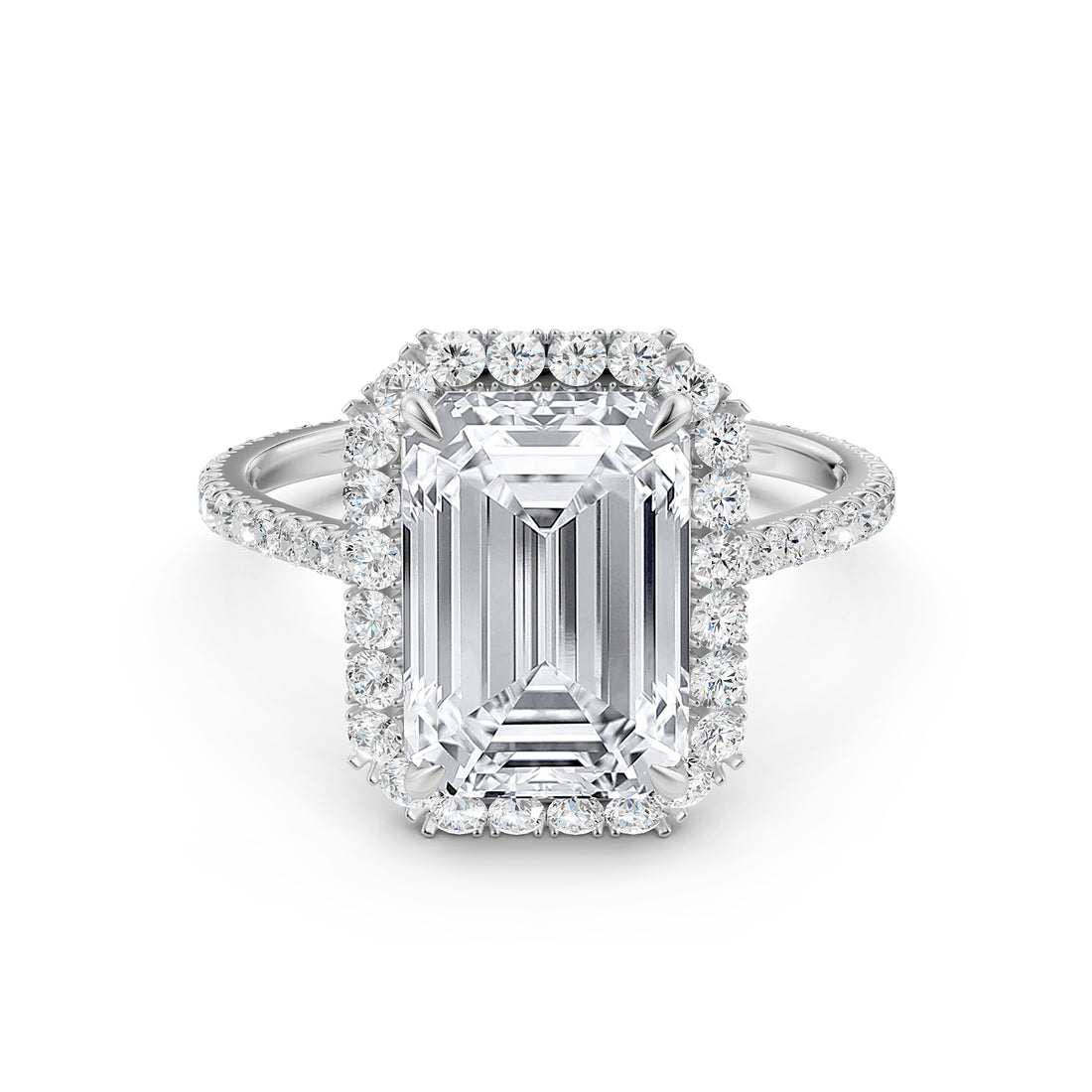 French U Pave Set Halo Lab Grown Diamond Emerald Engagement Ring