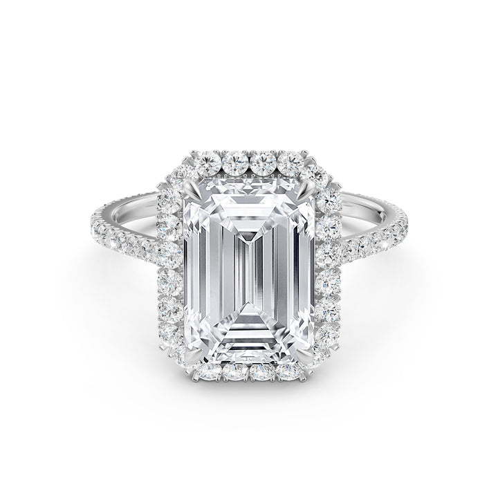 French U Pave Set Halo Lab Grown Diamond Emerald Engagement Ring