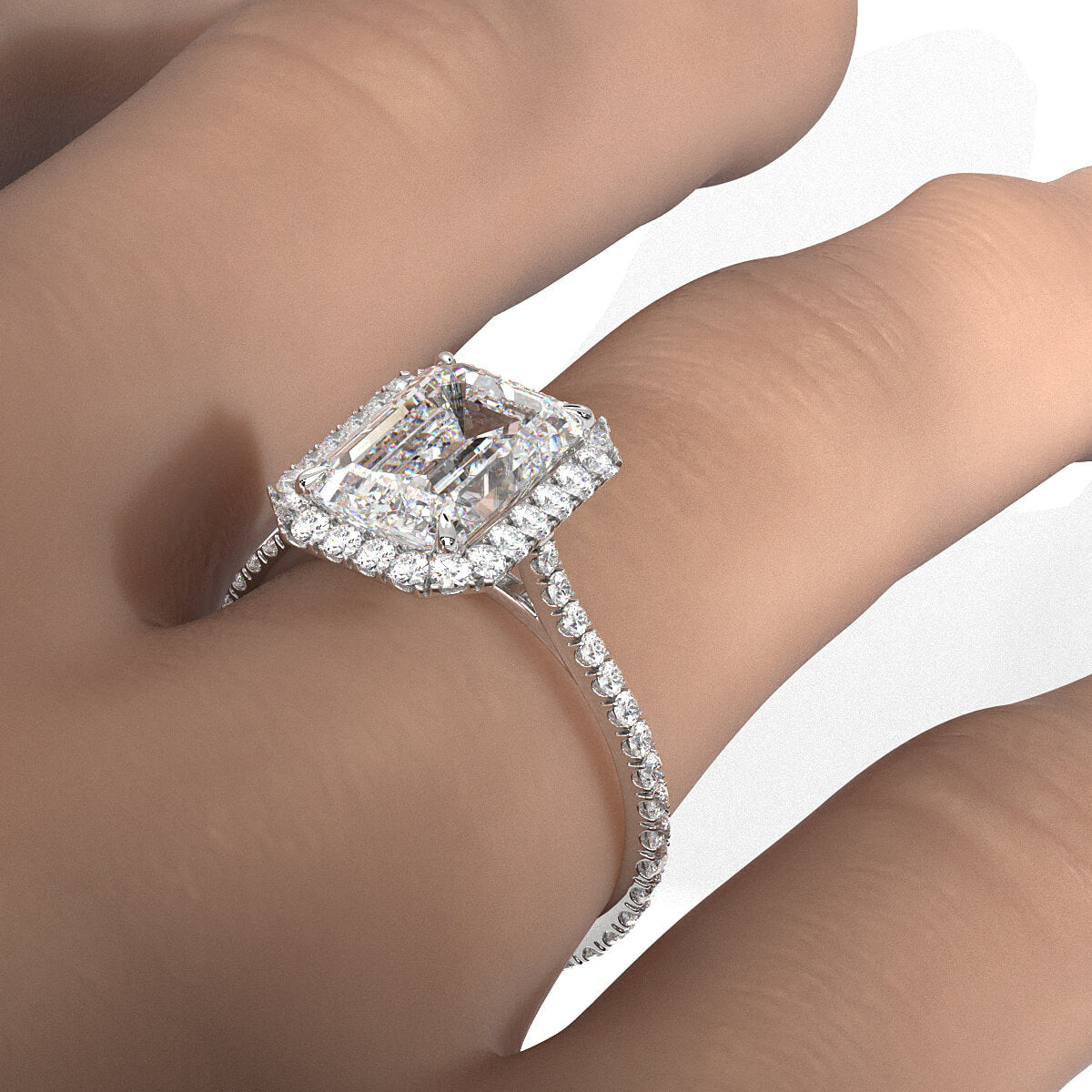 French U Pave Set Halo Lab Grown Diamond Emerald Engagement Ring