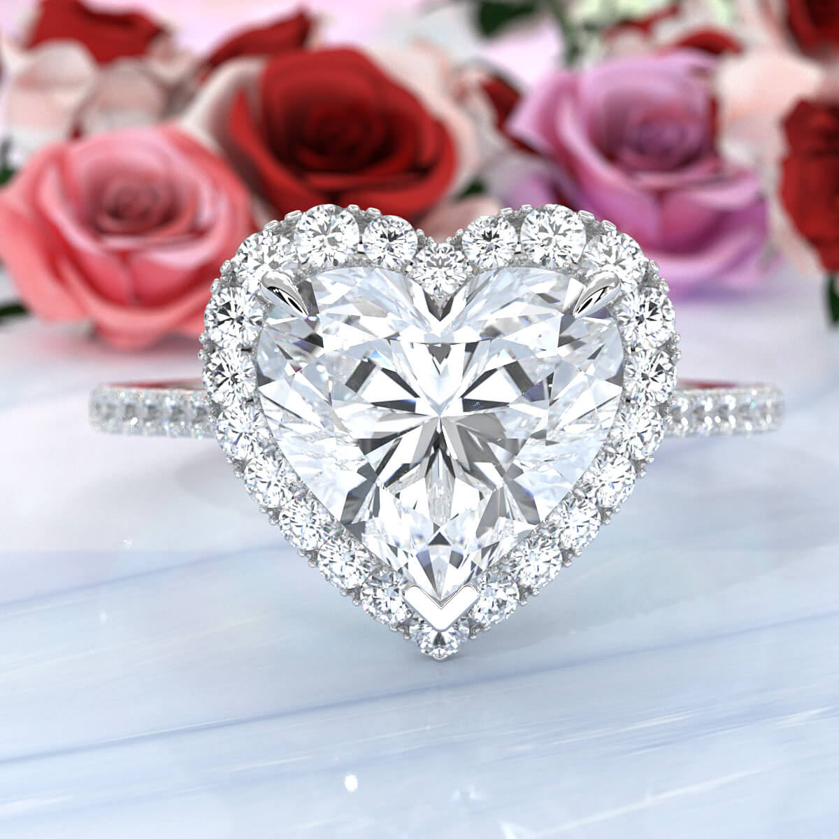 French U Pave Set Halo Lab Grown Diamond Heart Engagement Ring