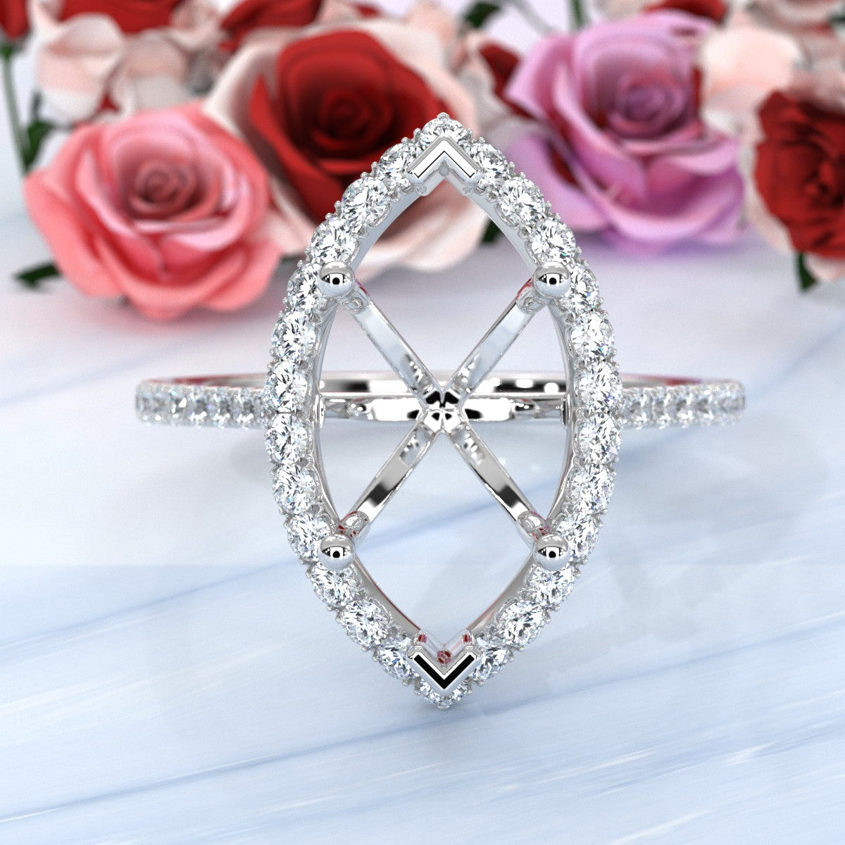 French U Pave Set Halo Semi Mount Lab Grown Diamond Engagement Ring 0.54 Ct.