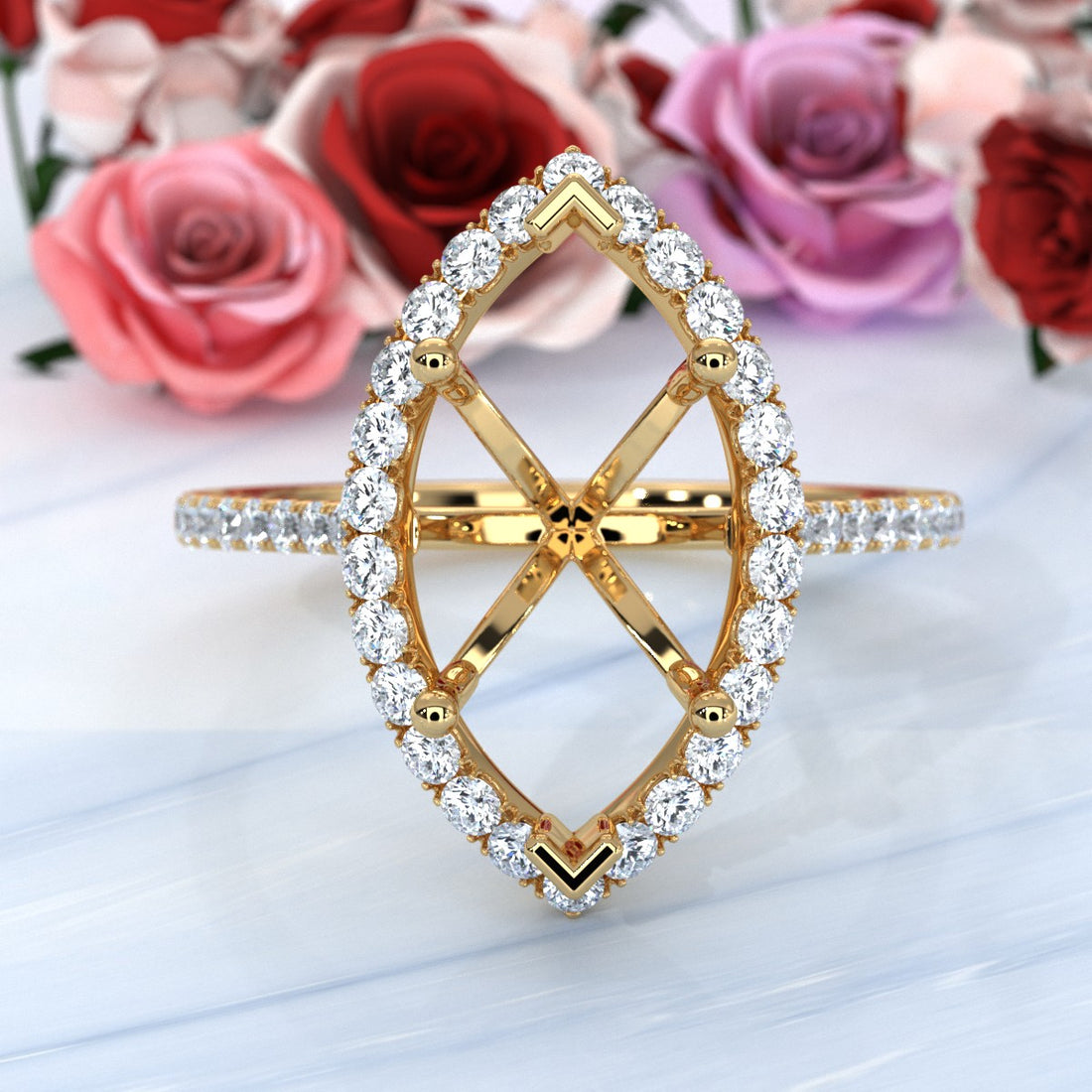 French U Pave Set Halo Semi Mount Lab Grown Diamond Engagement Ring 0.54 Ct.