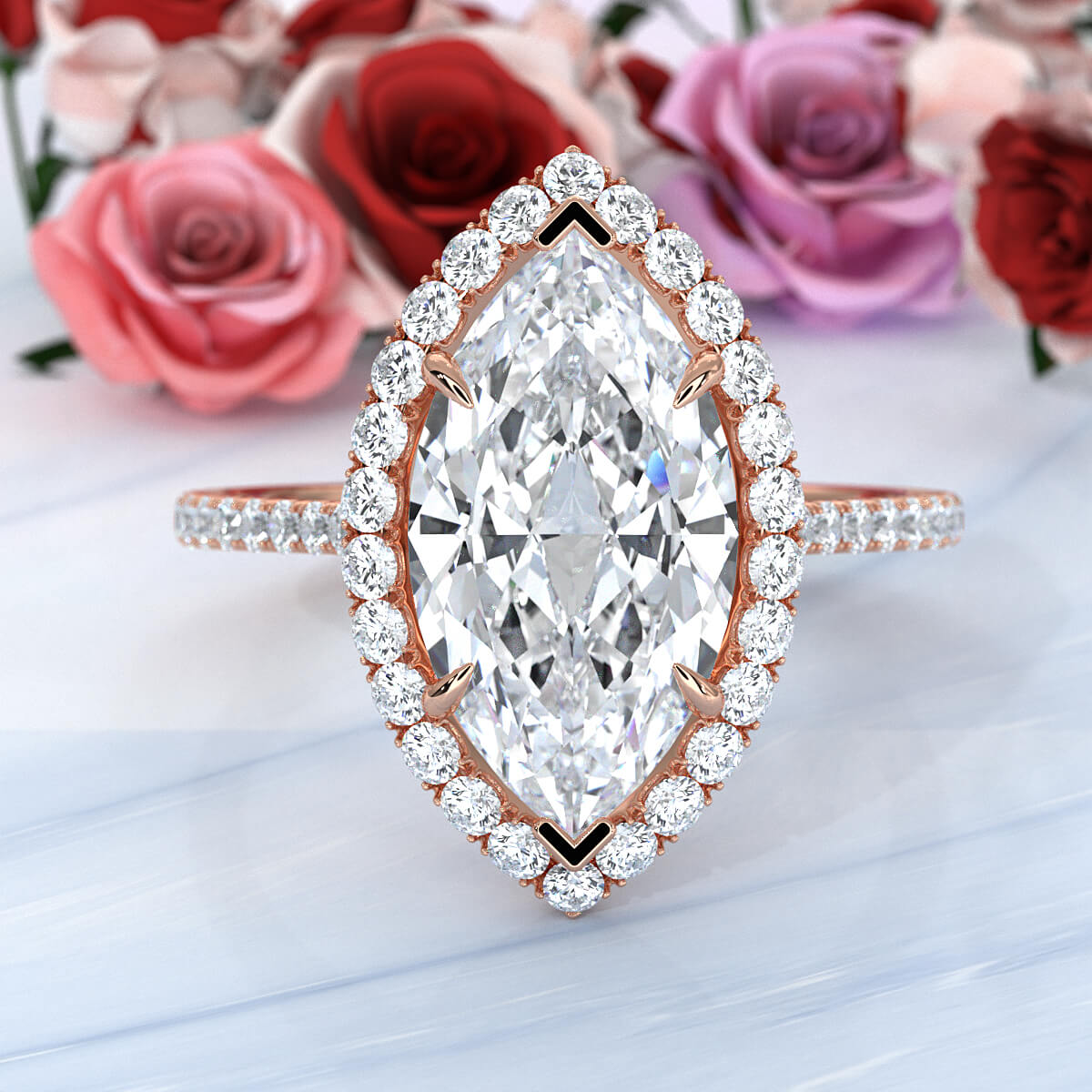 French U Pave Set Halo Lab Grown Diamond Marquise Engagement Ring