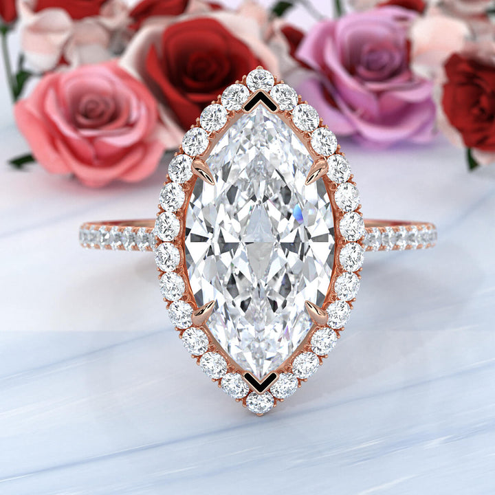French U Pave Set Halo Lab Grown Diamond Marquise Engagement Ring