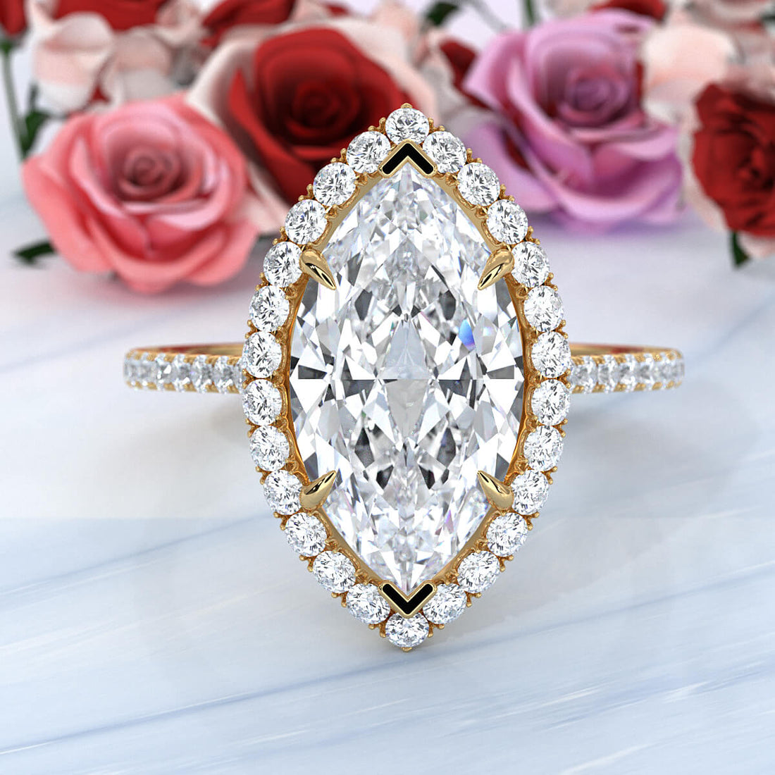 French U Pave Set Halo Lab Grown Diamond Marquise Engagement Ring